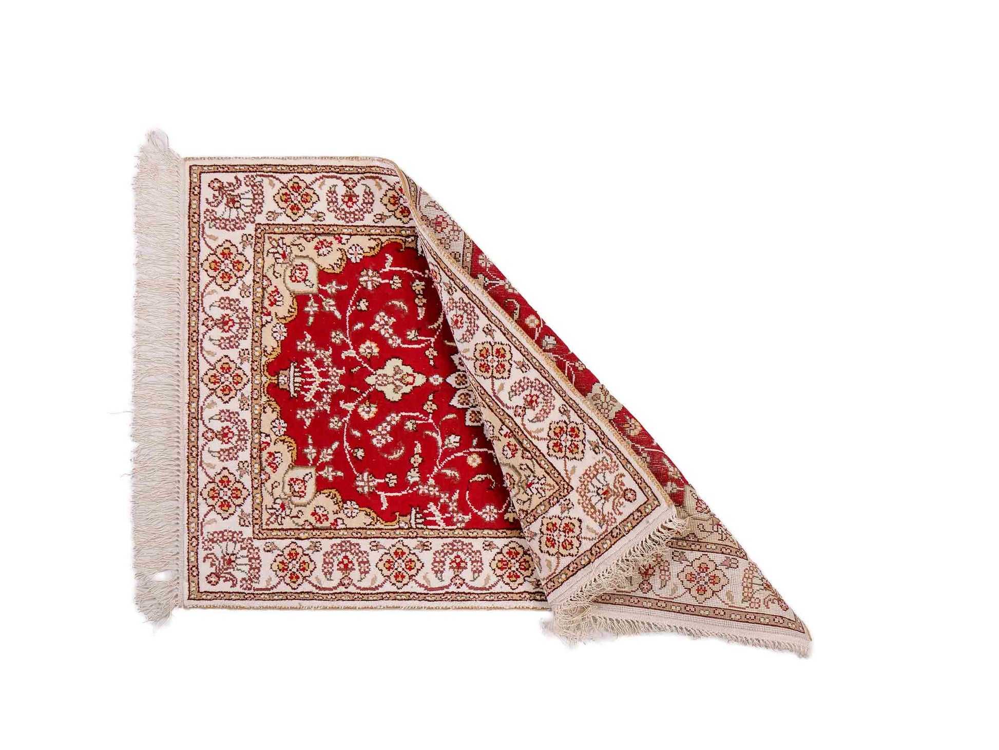 Feiner, handgeknüpfter, chinesischer Orientteppich mit Ghom Design aus Kunstseide, rot, weiß, creme. 89x62 cm. Verkauf durch Jupiter Intl.