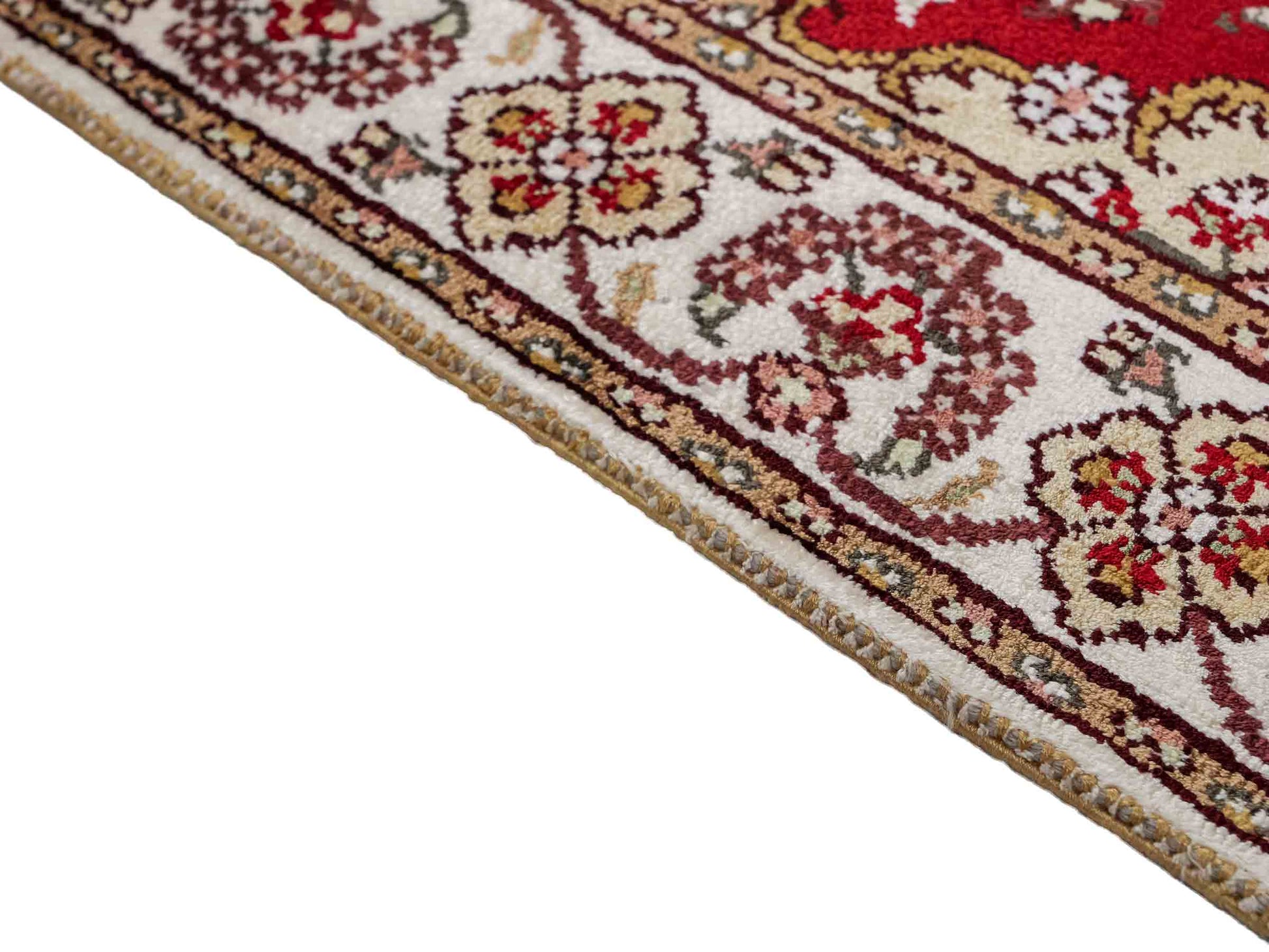 Feiner, handgeknüpfter, chinesischer Orientteppich mit Ghom Design aus Kunstseide, rot, creme, weiß. 90x62 cm. Verkauf durch Jupiter Intl.