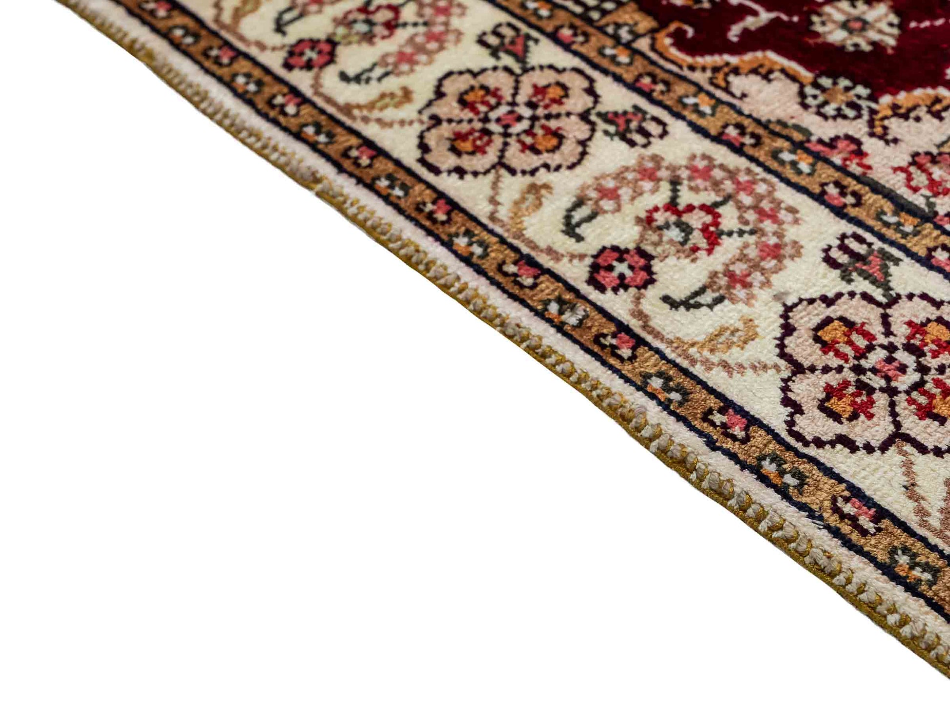 Feiner, handgeknüpfter, chinesischer Orientteppich mit Ghom Design aus Kunstseide, rot, weiß, creme. 90x63 cm. Verkauf durch Jupiter Intl.
