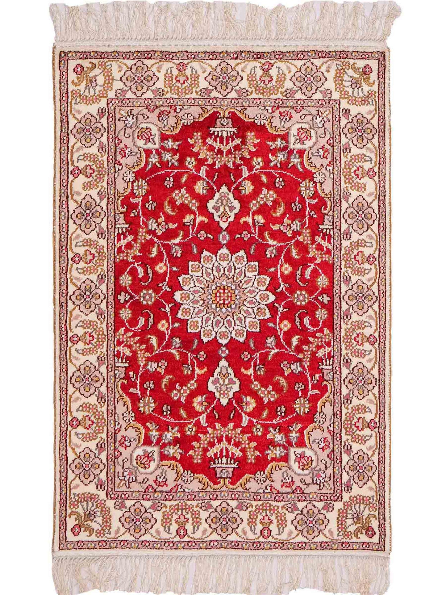 Feiner, handgeknüpfter, chinesischer Orientteppich mit Ghom Design aus Kunstseide, rot, weiß, creme. 91x60 cm. Verkauf durch Jupiter Intl.