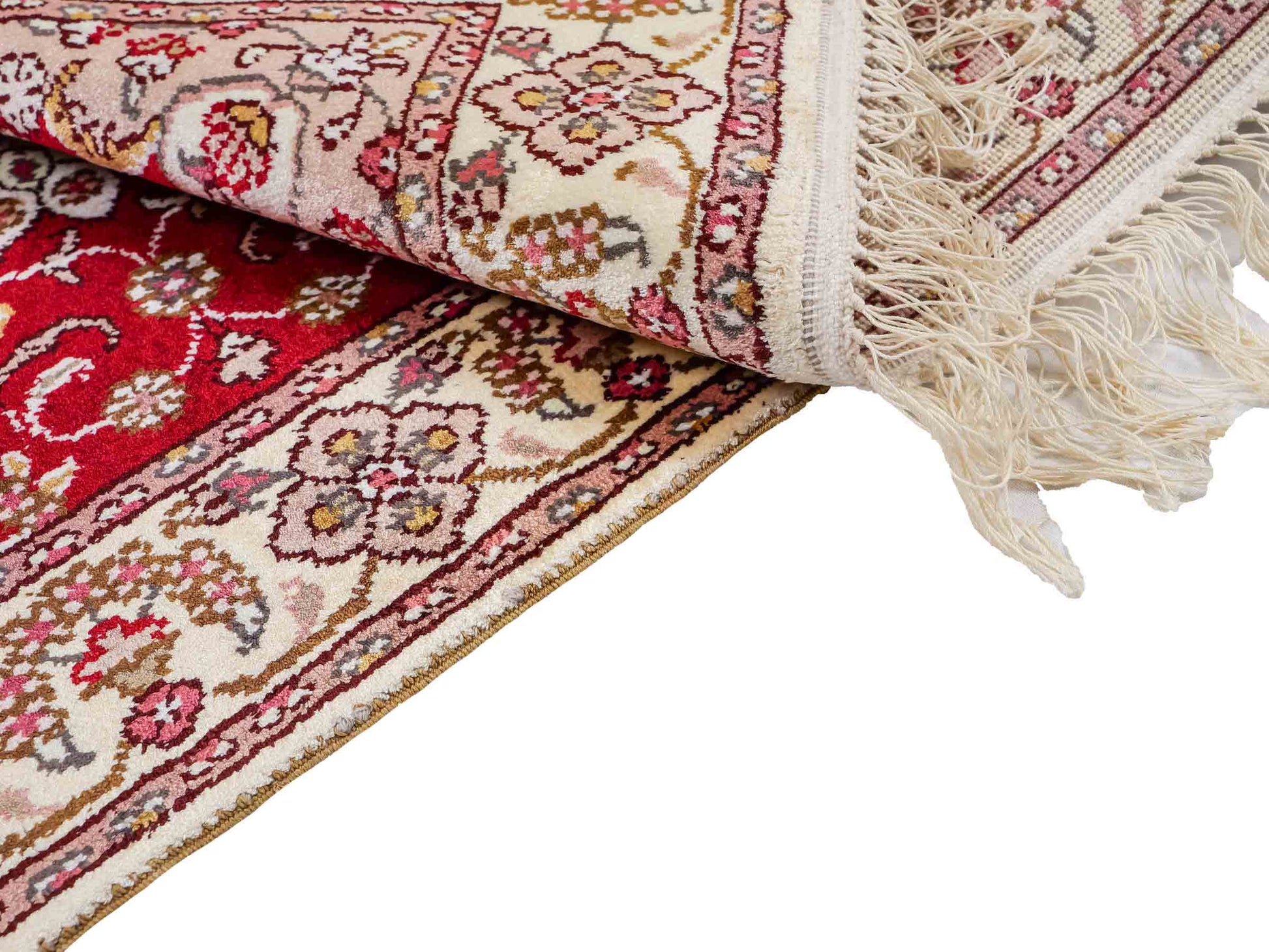 Feiner, handgeknüpfter, chinesischer Orientteppich mit Ghom Design aus Kunstseide, rot, weiß, creme. 91x60 cm. Verkauf durch Jupiter Intl.