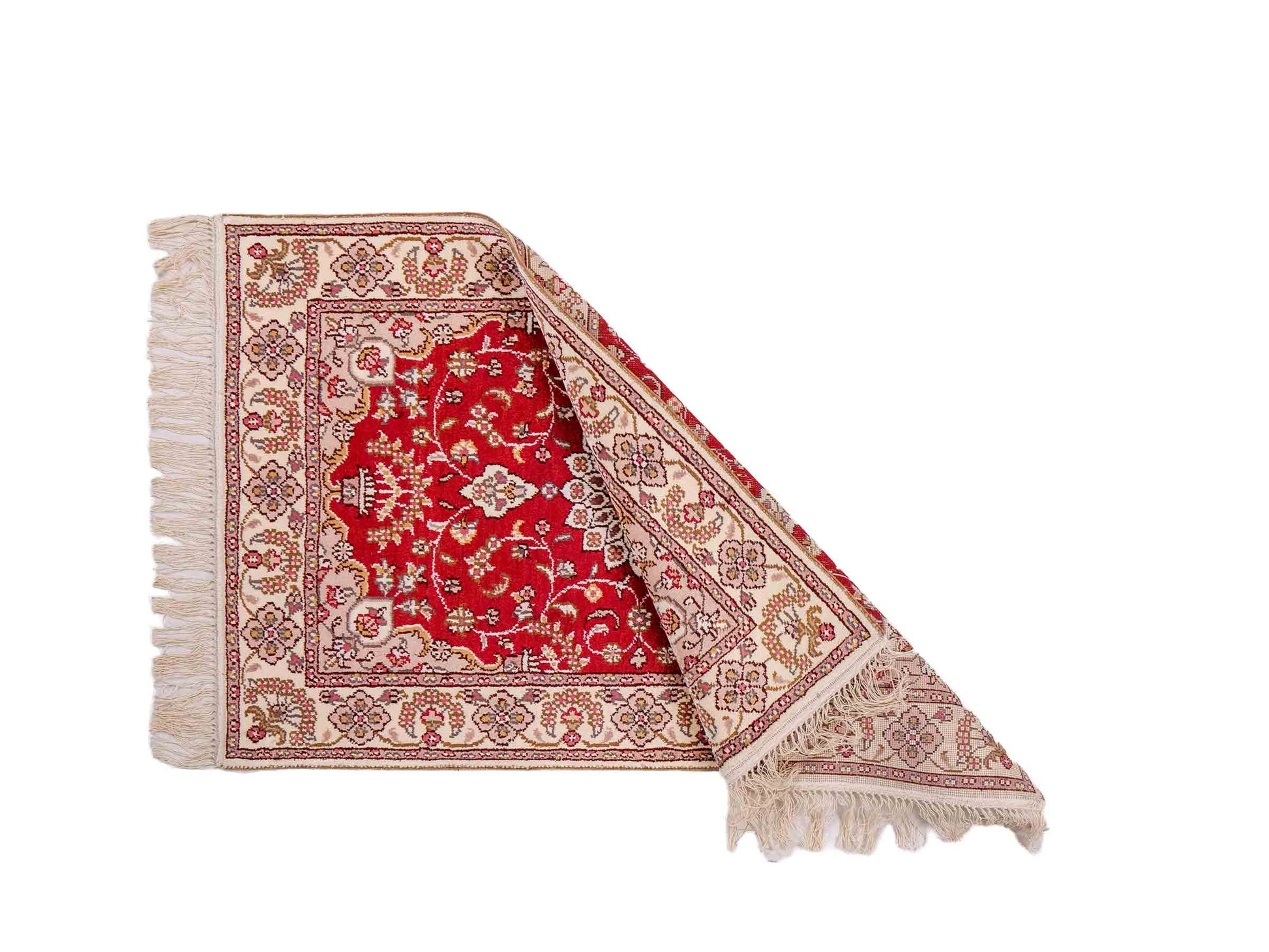Feiner, handgeknüpfter, chinesischer Orientteppich mit Ghom Design aus Kunstseide, rot, weiß, creme. 91x60 cm. Verkauf durch Jupiter Intl.