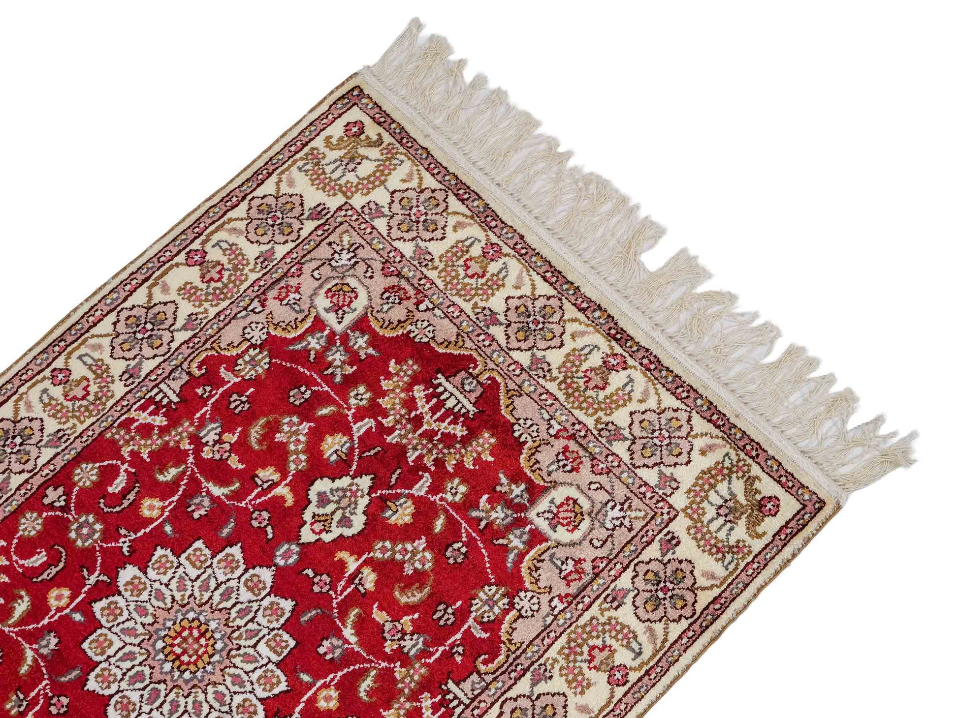 Feiner, handgeknüpfter, chinesischer Orientteppich mit Ghom Design aus Kunstseide, rot, weiß, creme. 91x60 cm. Verkauf durch Jupiter Intl.