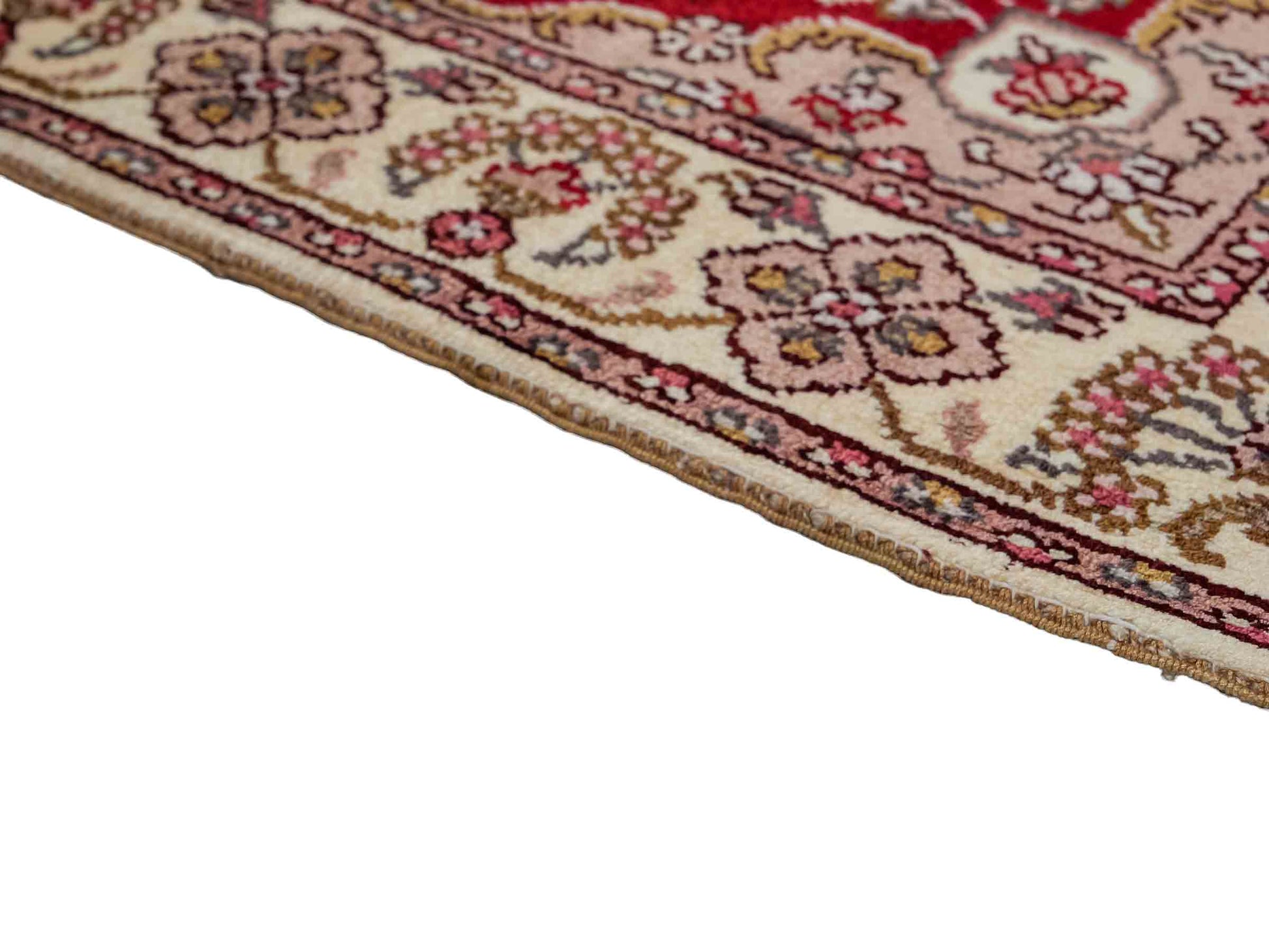 Feiner, handgeknüpfter, chinesischer Orientteppich mit Ghom Design aus Kunstseide, rot, weiß, creme. 91x60 cm. Verkauf durch Jupiter Intl.