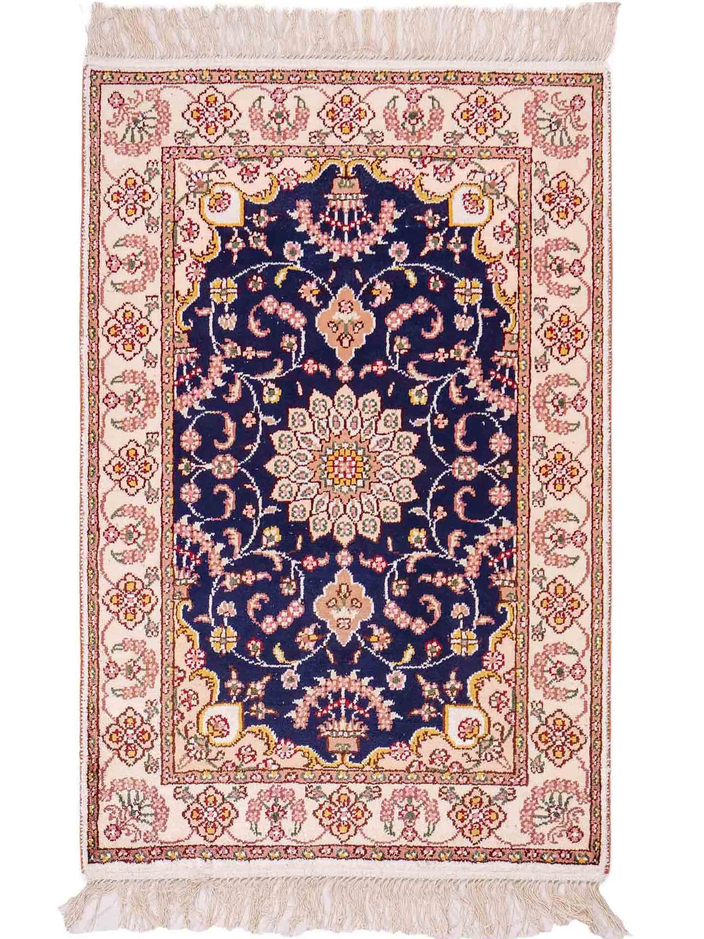 Feiner, handgeknüpfter, chinesischer Orientteppich mit Ghom Design aus Kunstseide, blau, weiß, creme. 91x61 cm. Verkauf durch Jupiter Intl.