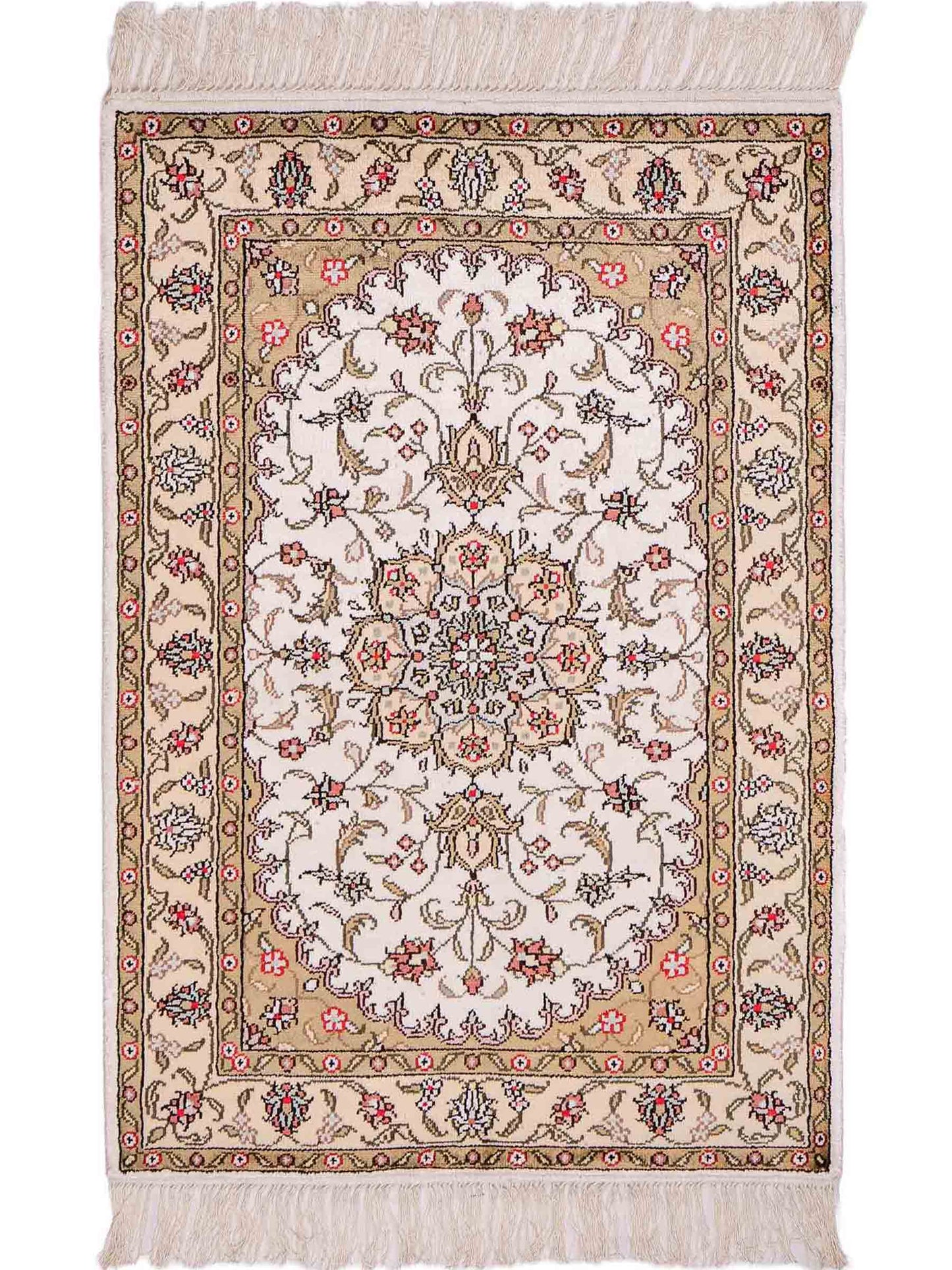 Feiner, handgeknüpfter, chinesischer Orientteppich mit Ghom Design aus Kunstseide, weiß, creme. 91x61 cm. Verkauf durch Jupiter Intl.