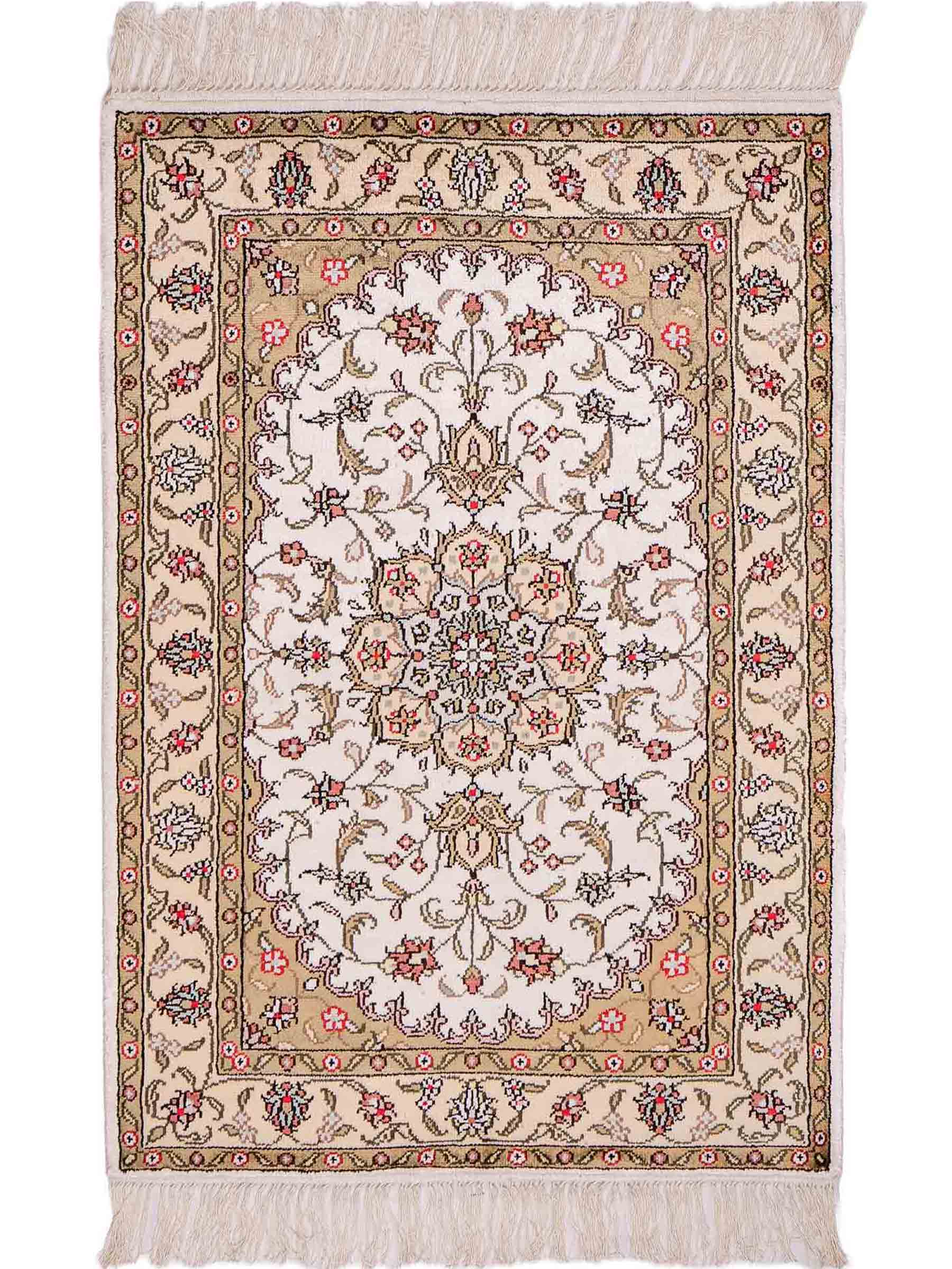 Feiner, handgeknüpfter, chinesischer Orientteppich mit Ghom Design aus Kunstseide, weiß, creme. 91x61 cm. Verkauf durch Jupiter Intl.