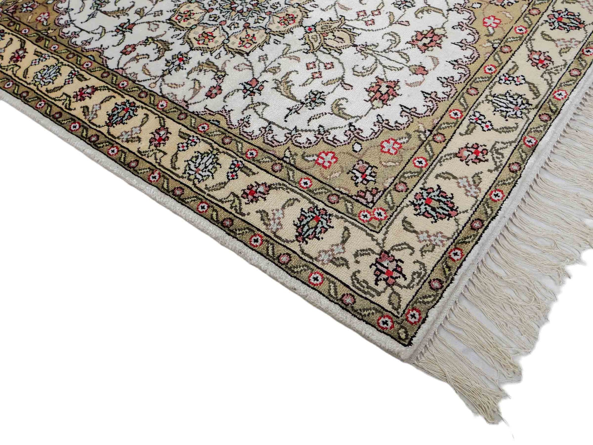Feiner, handgeknüpfter, chinesischer Orientteppich mit Ghom Design aus Kunstseide, weiß, creme. 91x61 cm. Verkauf durch Jupiter Intl.