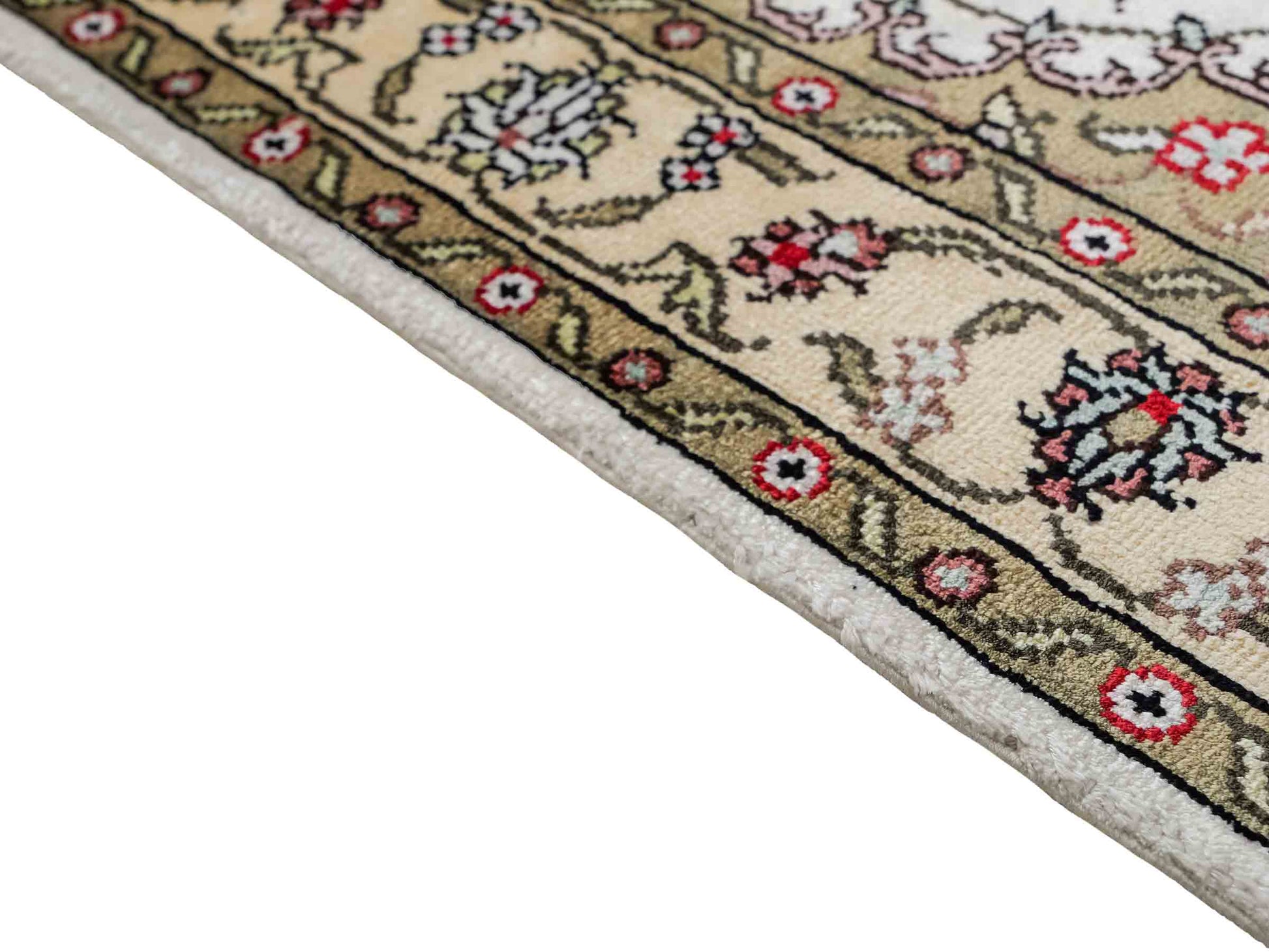 Feiner, handgeknüpfter, chinesischer Orientteppich mit Ghom Design aus Kunstseide, weiß, creme. 91x61 cm. Verkauf durch Jupiter Intl.