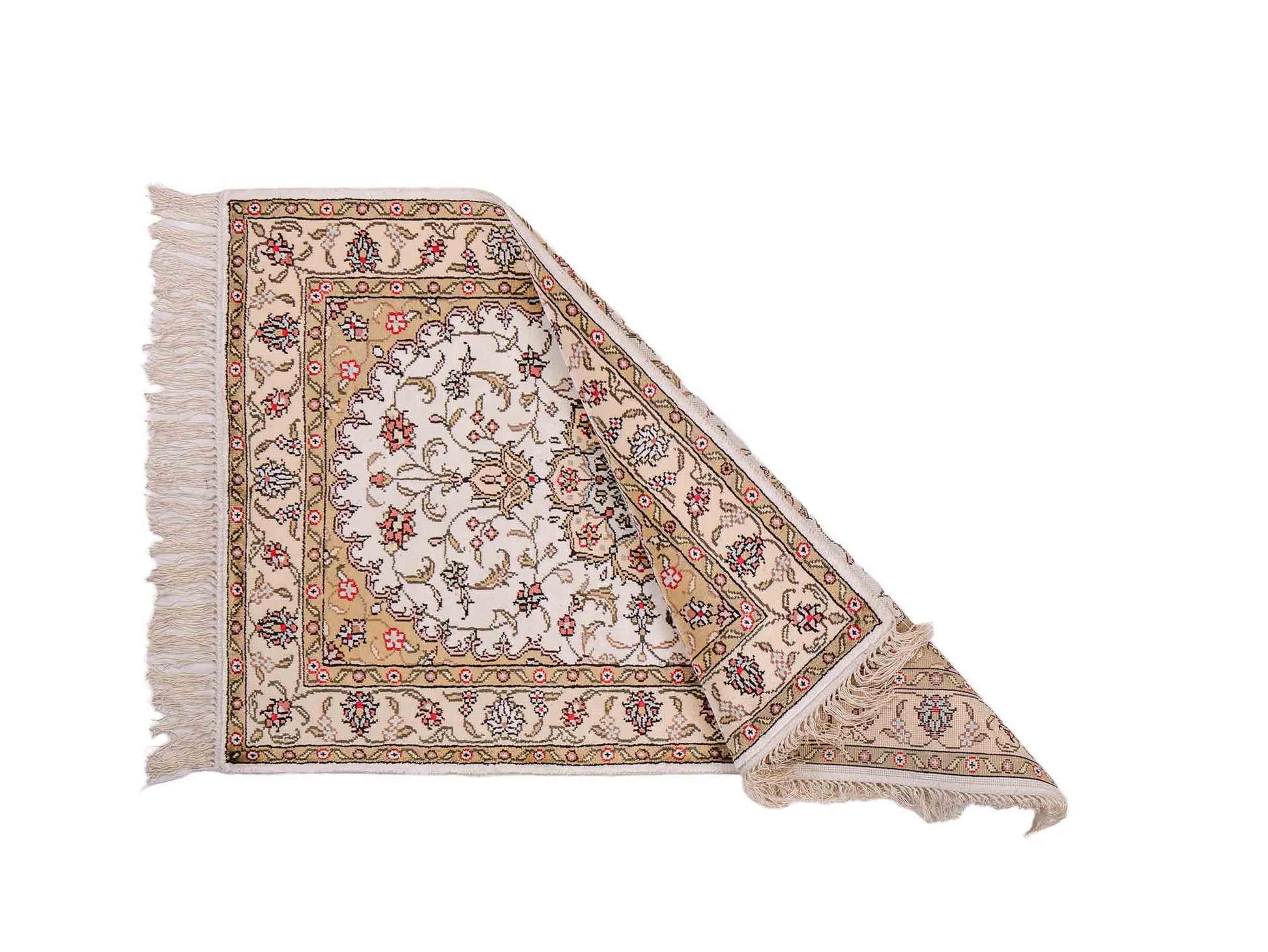 Feiner, handgeknüpfter, chinesischer Orientteppich mit Ghom Design aus Kunstseide, weiß, creme. 91x61 cm. Verkauf durch Jupiter Intl.