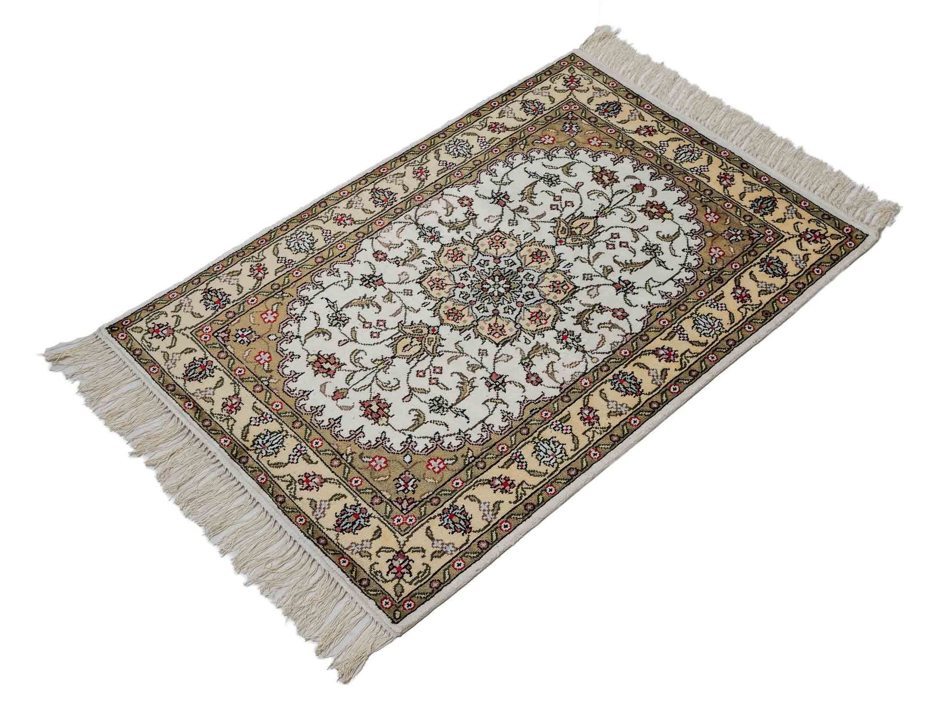 Feiner, handgeknüpfter, chinesischer Orientteppich mit Ghom Design aus Kunstseide, weiß, creme. 91x61 cm. Verkauf durch Jupiter Intl.