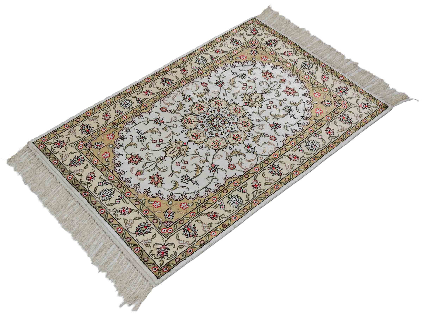 Feiner, handgeknüpfter, chinesischer Orientteppich mit Ghom Design aus Kunstseide, weiß, creme. 91x61 cm. Verkauf durch Jupiter Intl.