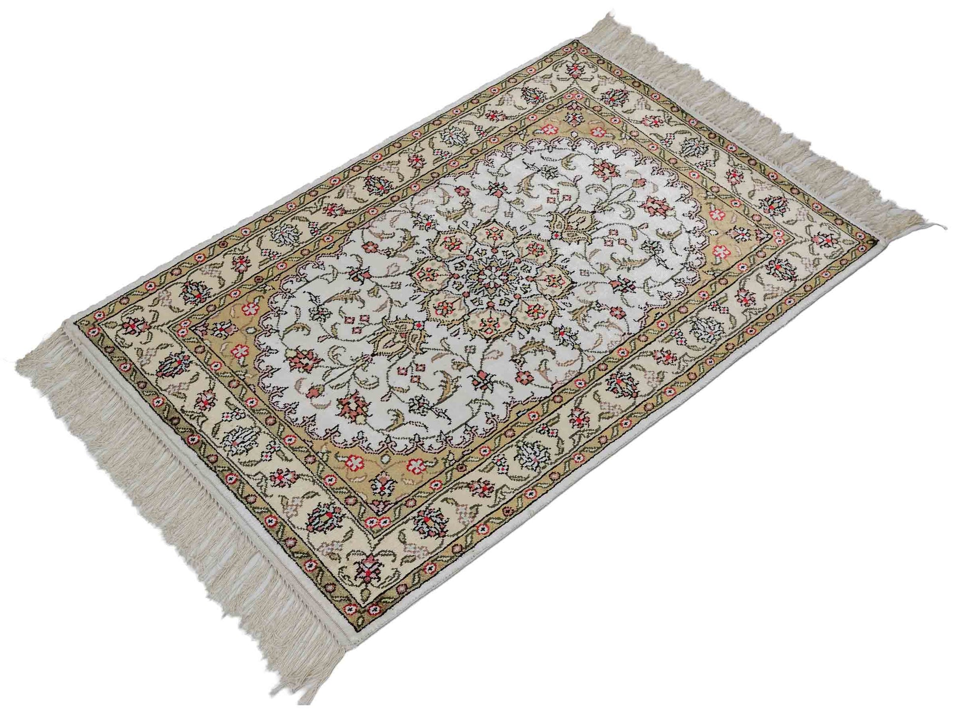 Feiner, handgeknüpfter, chinesischer Orientteppich mit Ghom Design aus Kunstseide, weiß, creme. 91x61 cm. Verkauf durch Jupiter Intl.