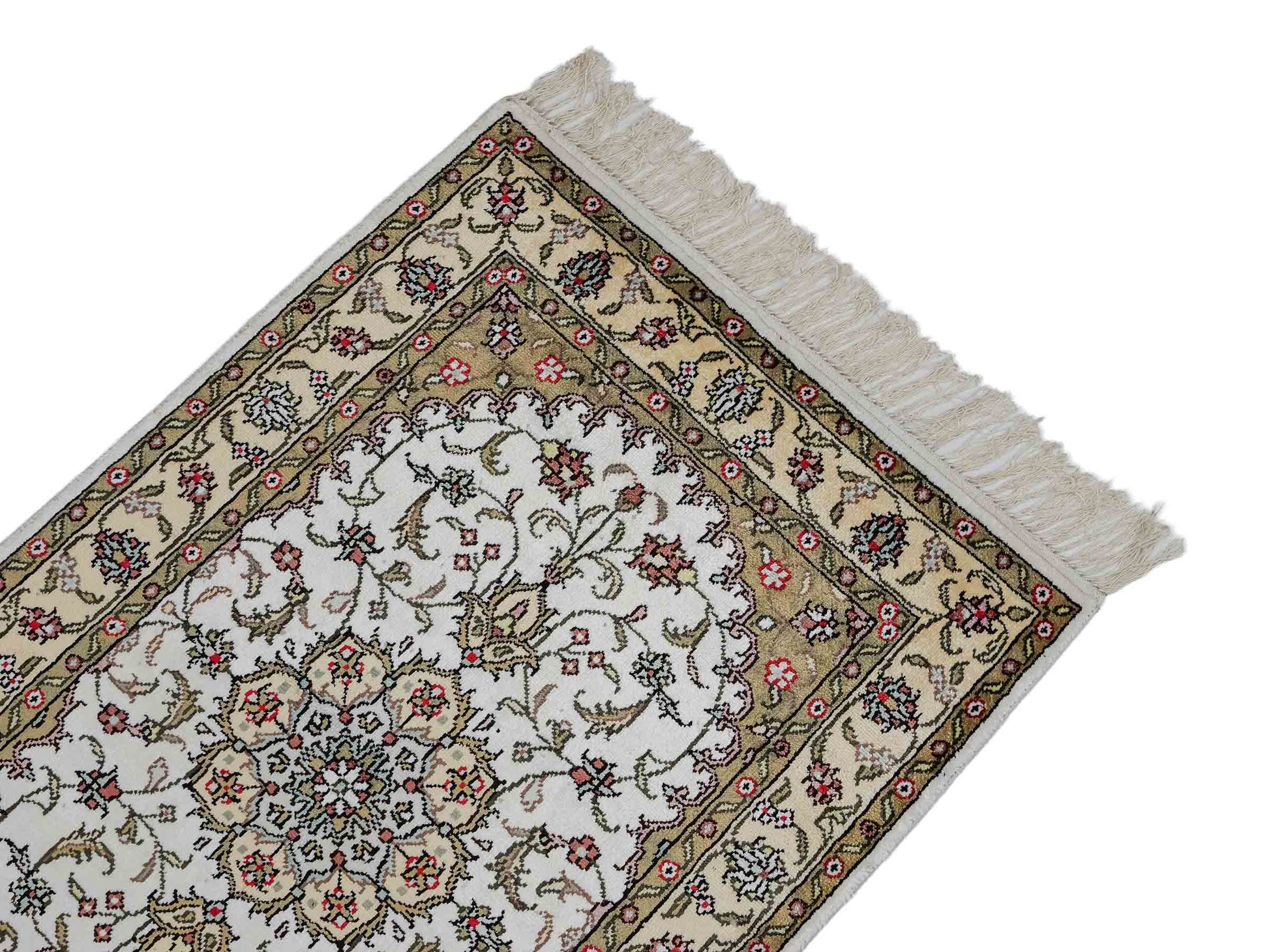 Feiner, handgeknüpfter, chinesischer Orientteppich mit Ghom Design aus Kunstseide, weiß, creme. 91x61 cm. Verkauf durch Jupiter Intl.