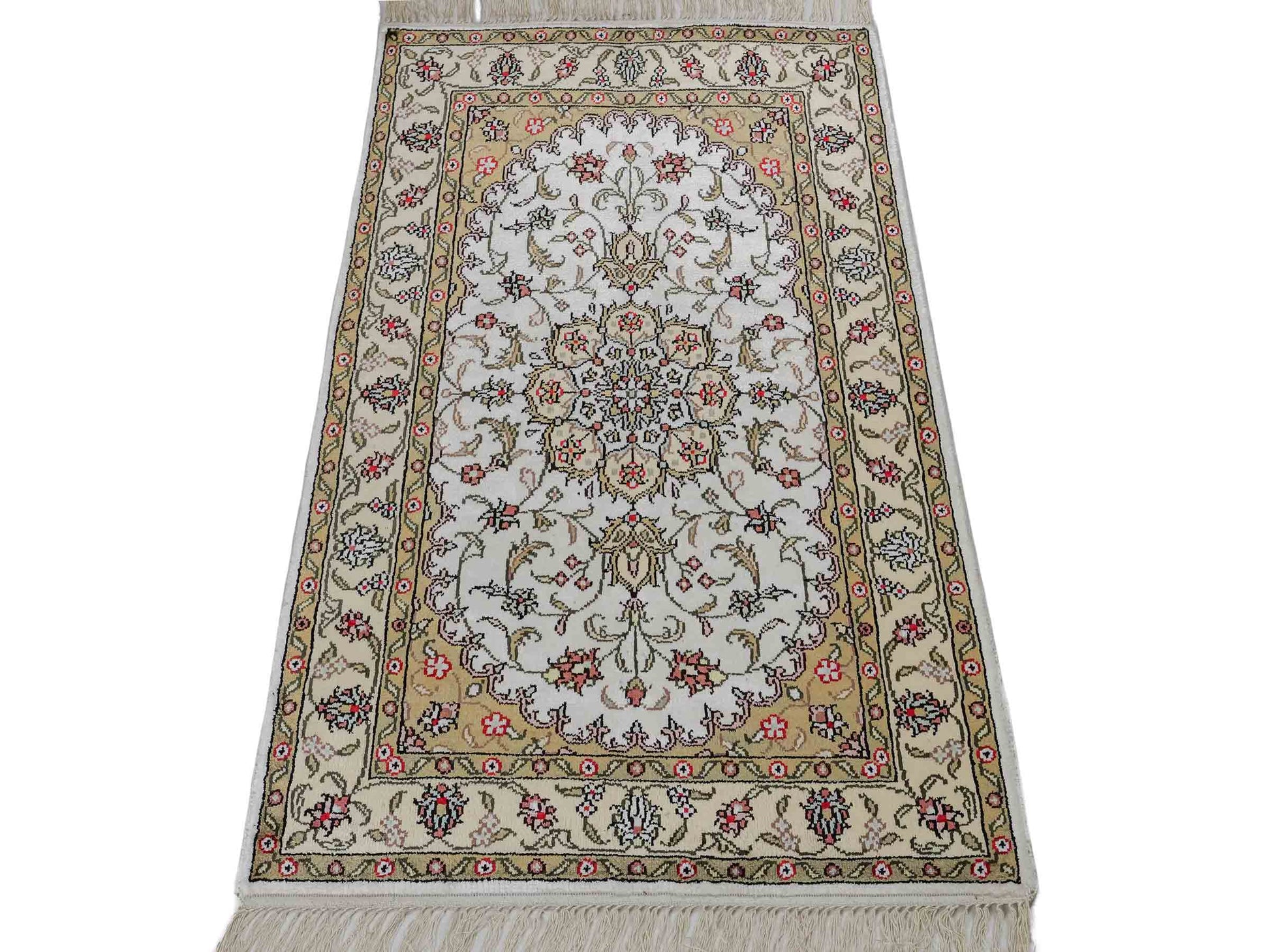 Feiner, handgeknüpfter, chinesischer Orientteppich mit Ghom Design aus Kunstseide, weiß, creme. 91x61 cm. Verkauf durch Jupiter Intl.