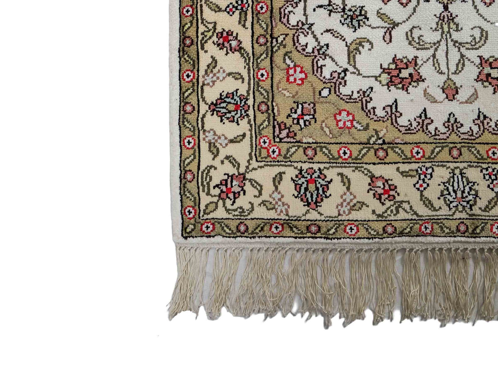 Feiner, handgeknüpfter, chinesischer Orientteppich mit Ghom Design aus Kunstseide, weiß, creme. 91x61 cm. Verkauf durch Jupiter Intl.