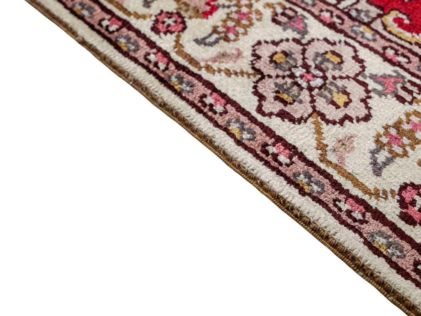 Feiner, handgeknüpfter, chinesischer Orientteppich mit Ghom Design aus Kunstseide, rot, weiß, creme. 92x60 cm. Verkauf durch Jupiter Intl.