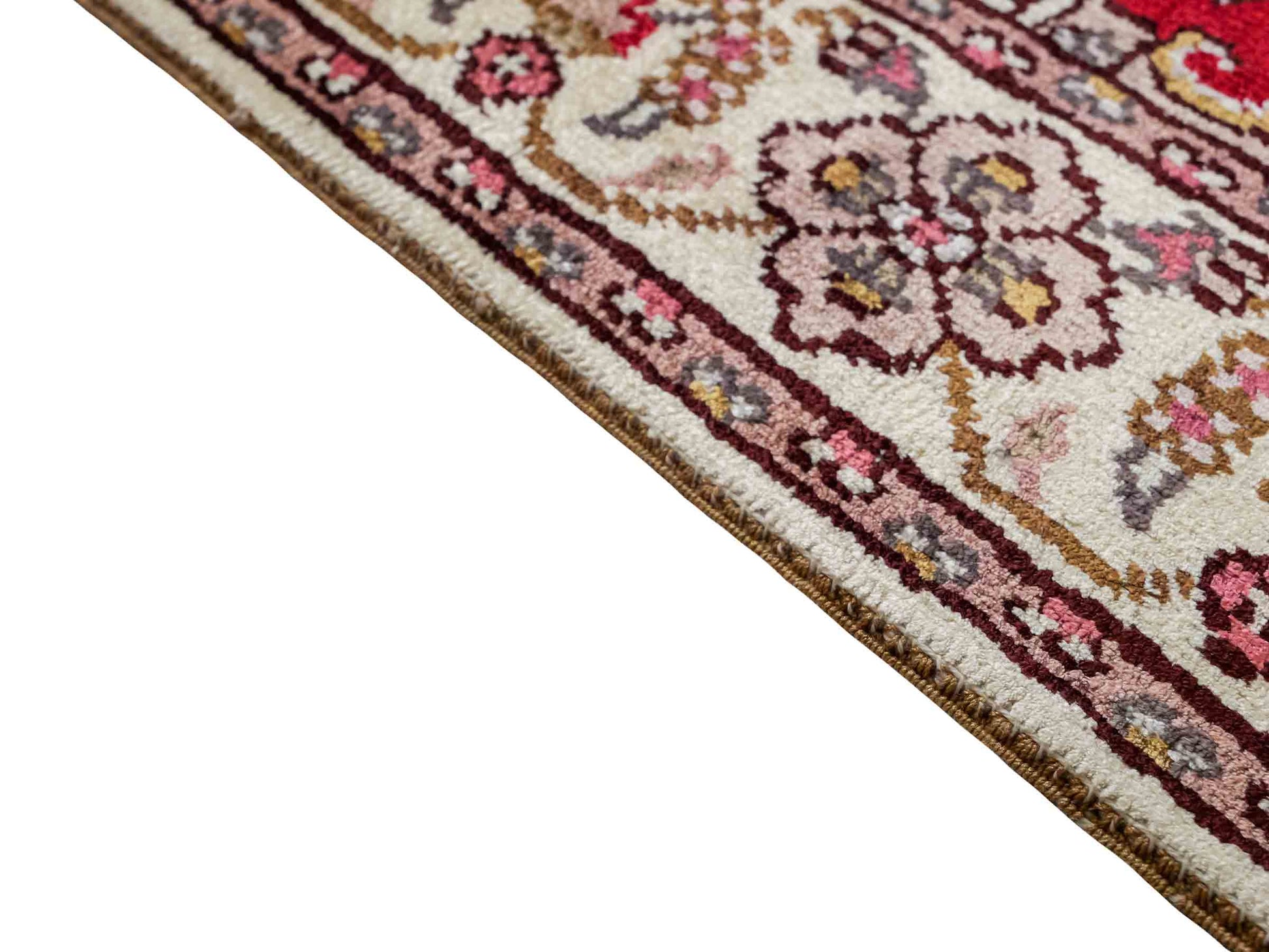Feiner, handgeknüpfter, chinesischer Orientteppich mit Ghom Design aus Kunstseide, rot, weiß, creme. 92x60 cm. Verkauf durch Jupiter Intl.