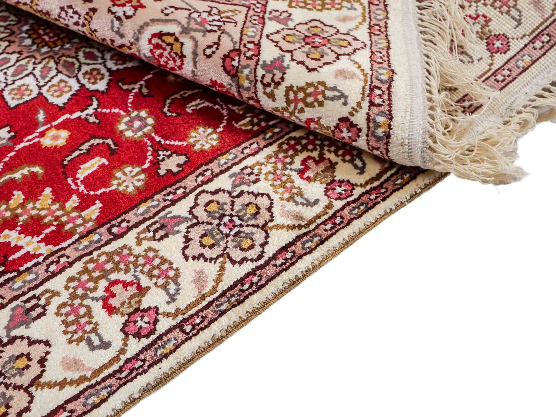 Feiner, handgeknüpfter, chinesischer Orientteppich mit Ghom Design aus Kunstseide, rot, weiß, creme. 92x60 cm. Verkauf durch Jupiter Intl.