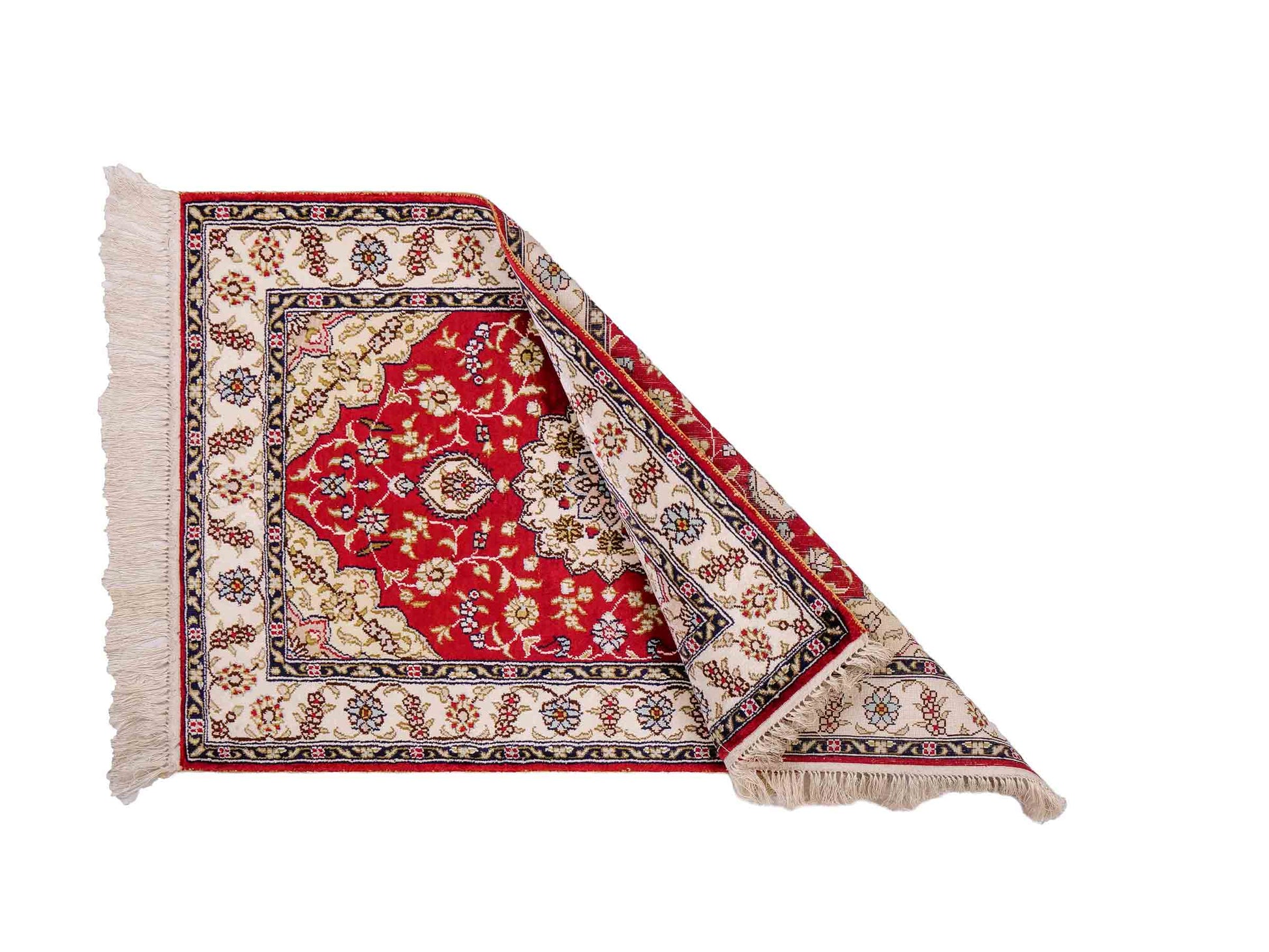 Feiner, handgeknüpfter, chinesischer Orientteppich mit Ghom Design aus Kunstseide, rot, creme, weiß. 92x60 cm. Verkauf durch Jupiter Intl.