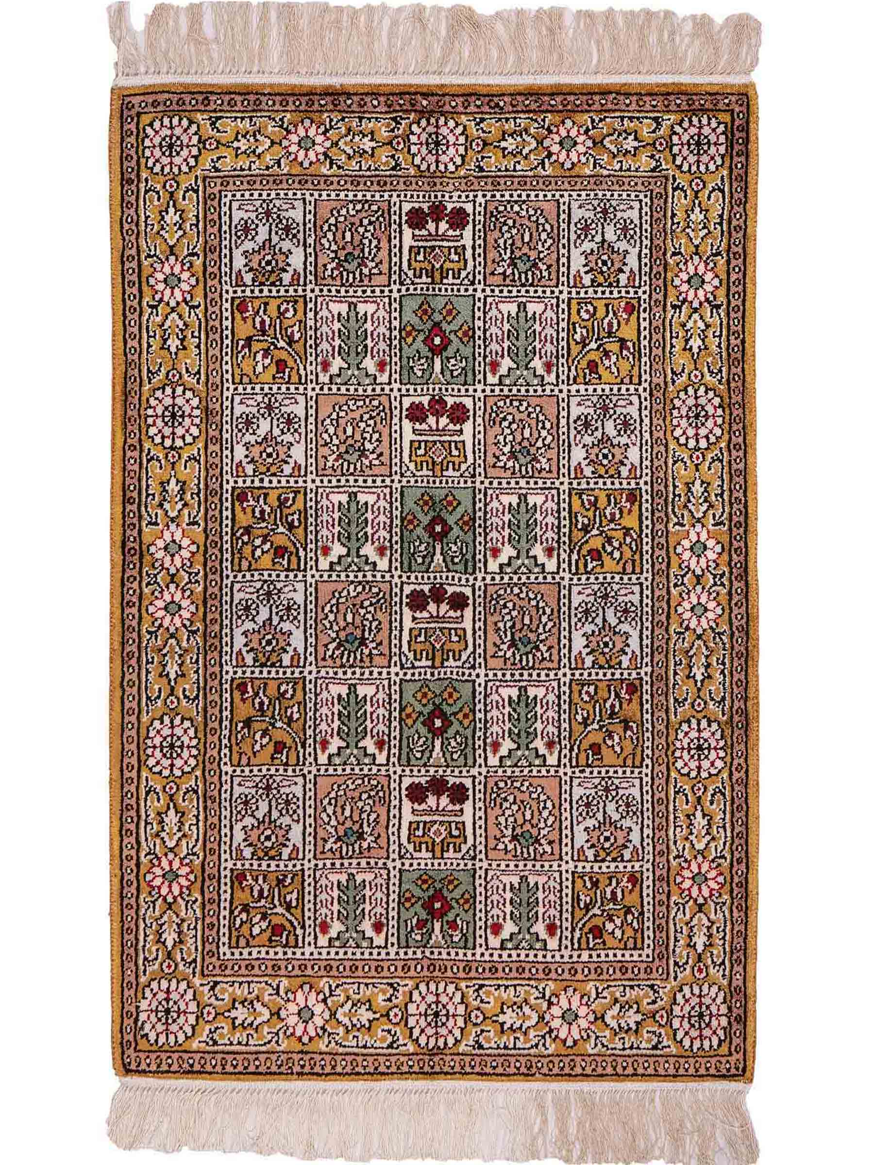 Feiner, handgeknüpfter, chinesischer Orientteppich mit Ghom Design aus Kunstseide, braun, oliv. 92x62 cm. Verkauf durch Jupiter Intl.