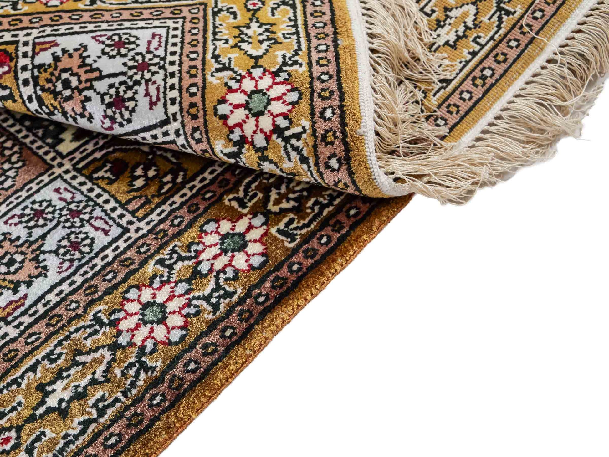 Feiner, handgeknüpfter, chinesischer Orientteppich mit Ghom Design aus Kunstseide, braun, oliv. 92x62 cm. Verkauf durch Jupiter Intl.