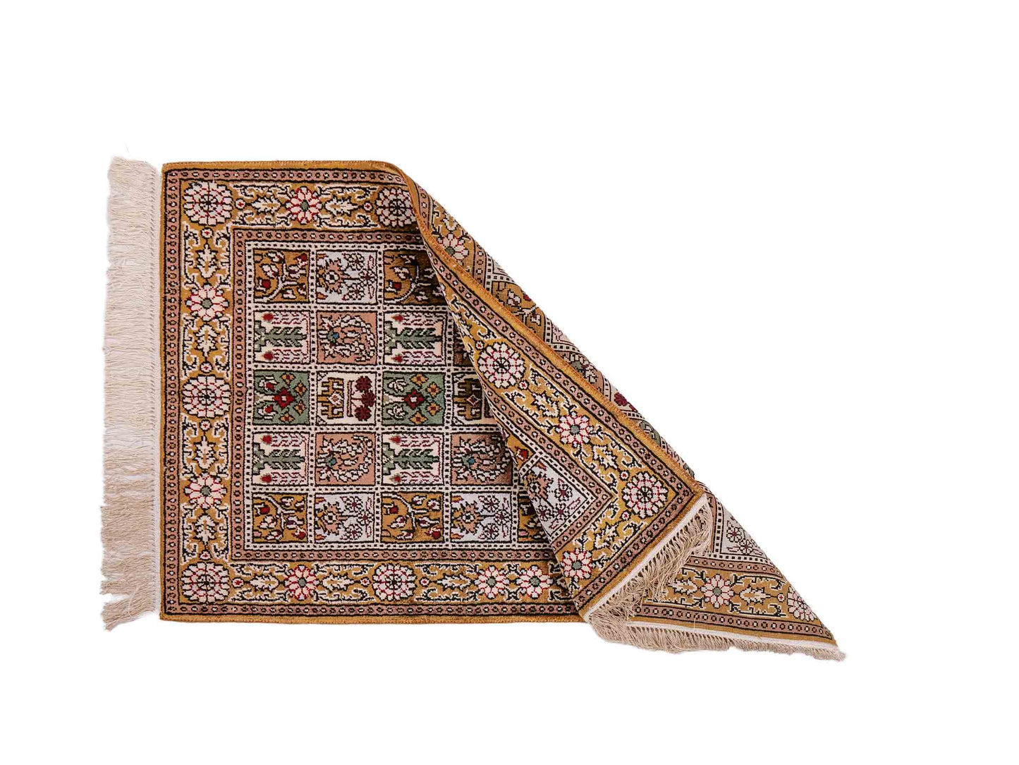 Feiner, handgeknüpfter, chinesischer Orientteppich mit Ghom Design aus Kunstseide, braun, oliv. 92x62 cm. Verkauf durch Jupiter Intl.