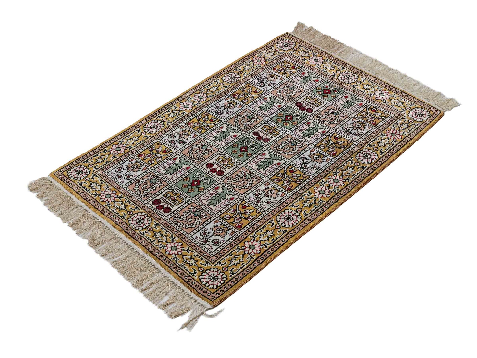 Feiner, handgeknüpfter, chinesischer Orientteppich mit Ghom Design aus Kunstseide, braun, oliv. 92x62 cm. Verkauf durch Jupiter Intl.