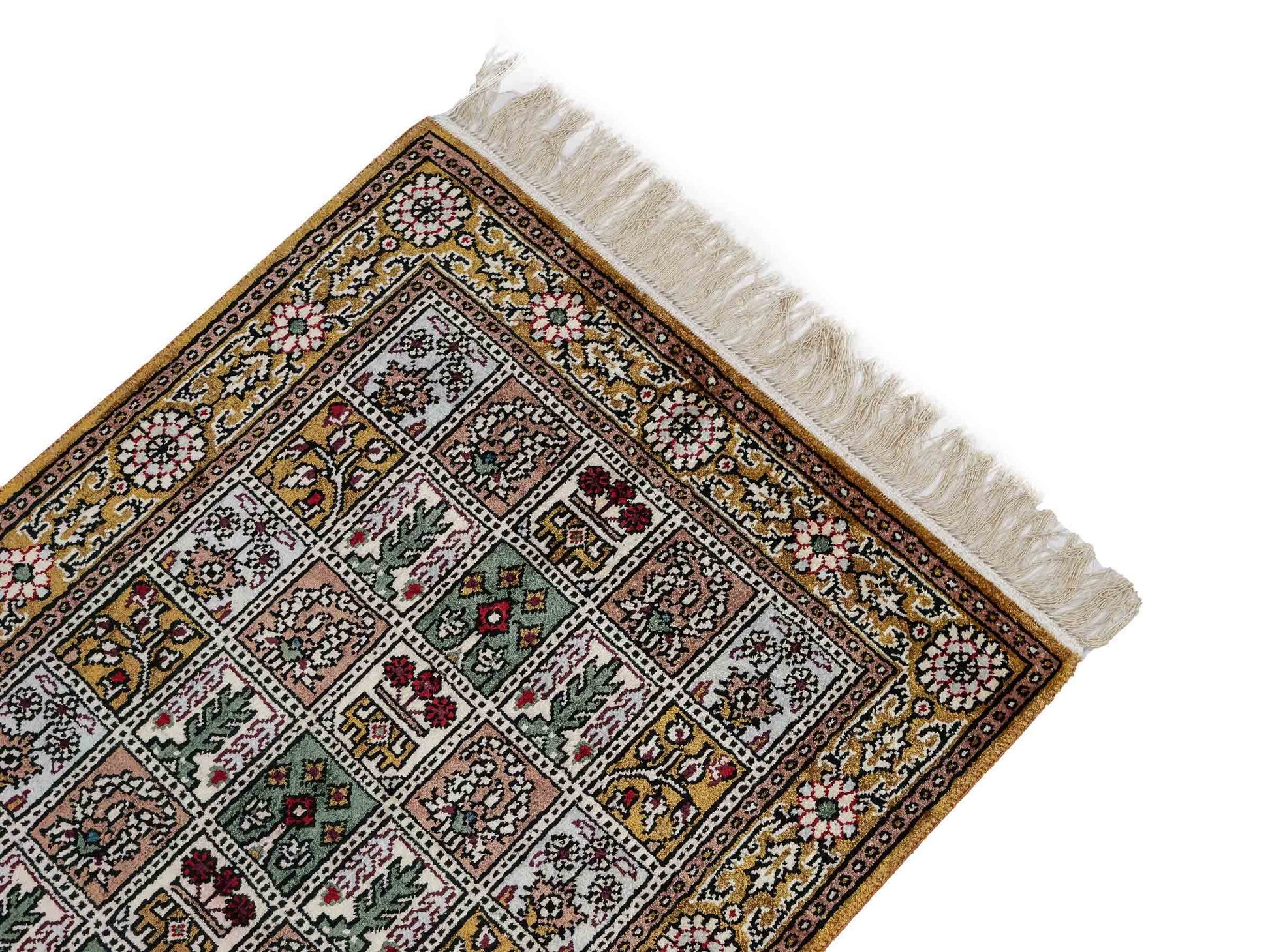 Feiner, handgeknüpfter, chinesischer Orientteppich mit Ghom Design aus Kunstseide, braun, oliv. 92x62 cm. Verkauf durch Jupiter Intl.