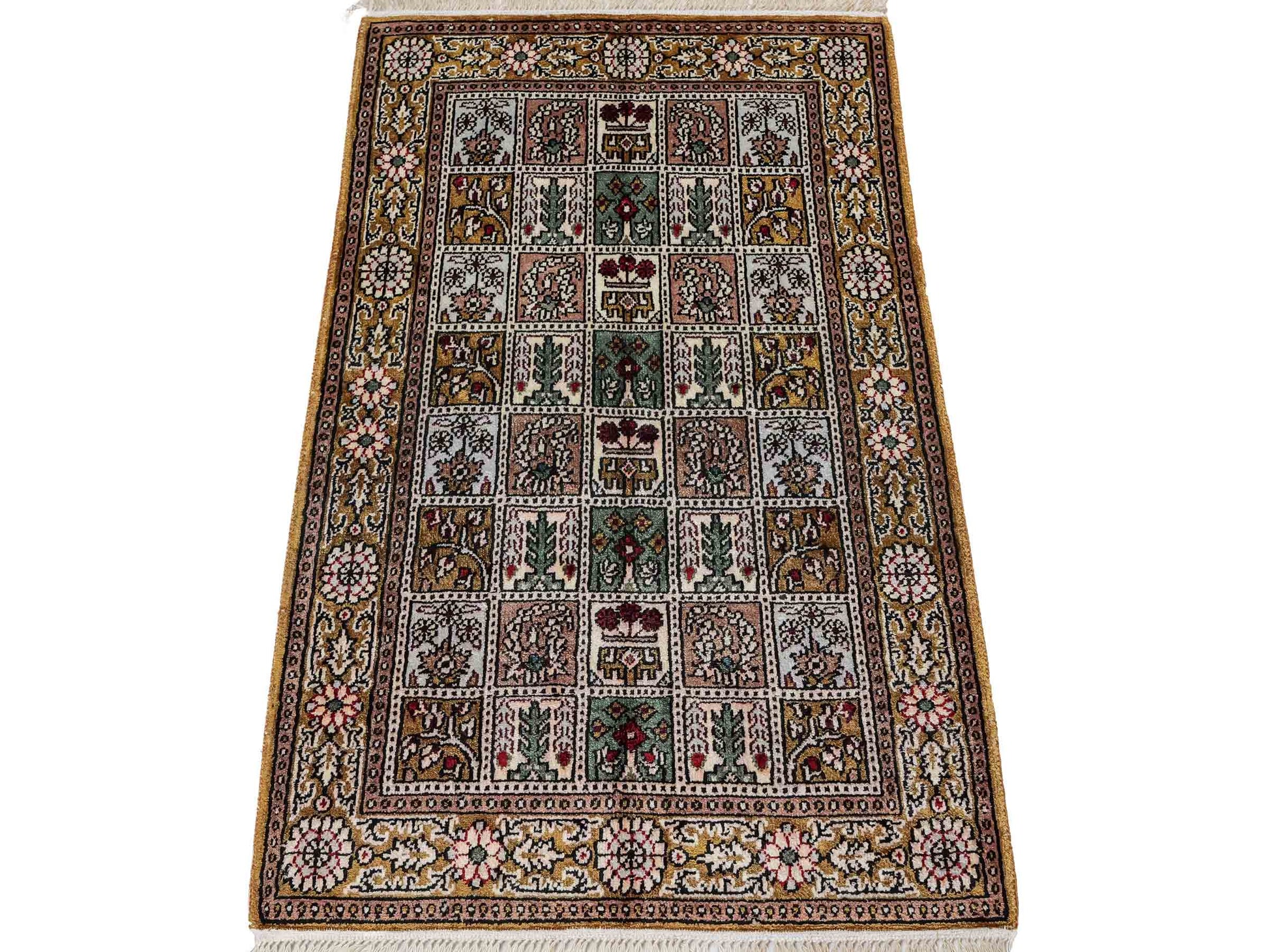 Feiner, handgeknüpfter, chinesischer Orientteppich mit Ghom Design aus Kunstseide, braun, oliv. 92x62 cm. Verkauf durch Jupiter Intl.