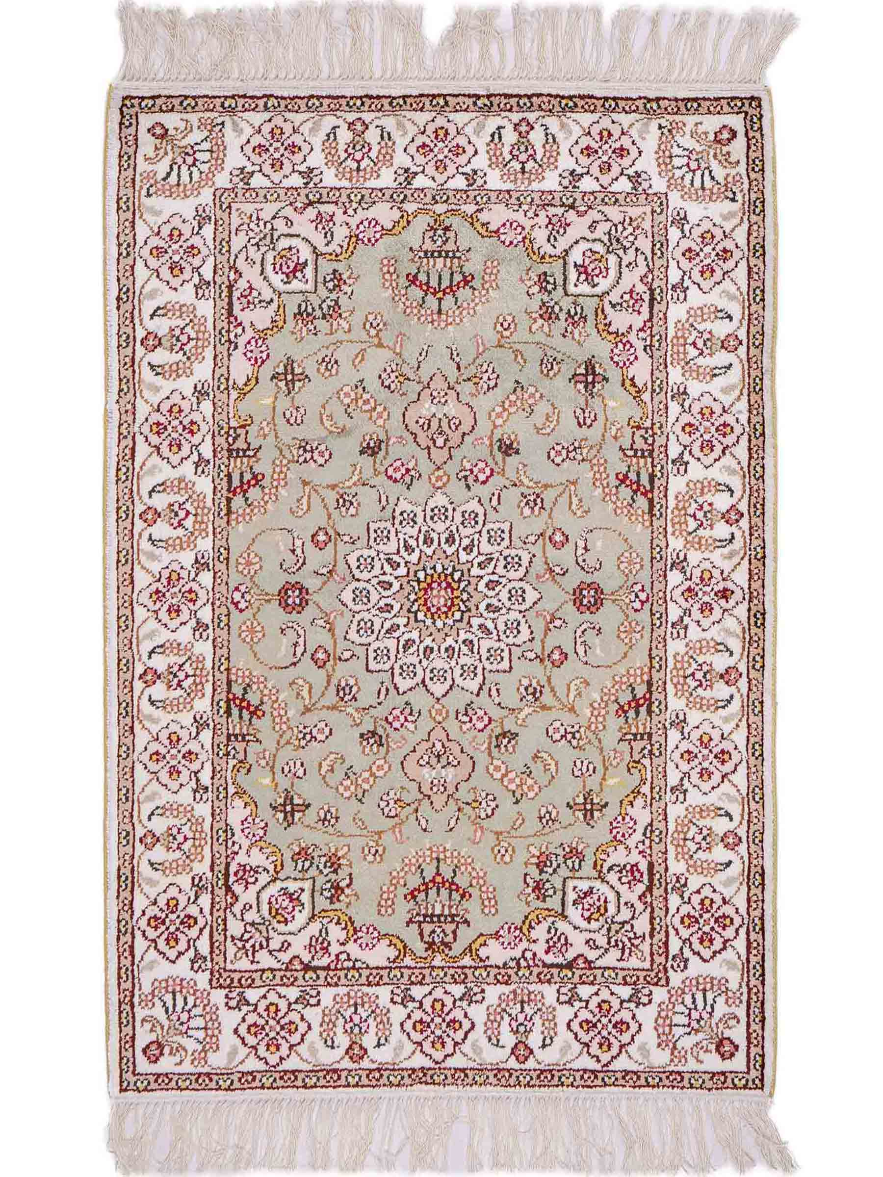 Feiner, handgeknüpfter, chinesischer Orientteppich mit Ghom Design aus Kunstseide, grün, weiß, creme. 92x63 cm. Verkauf durch Jupiter Intl.