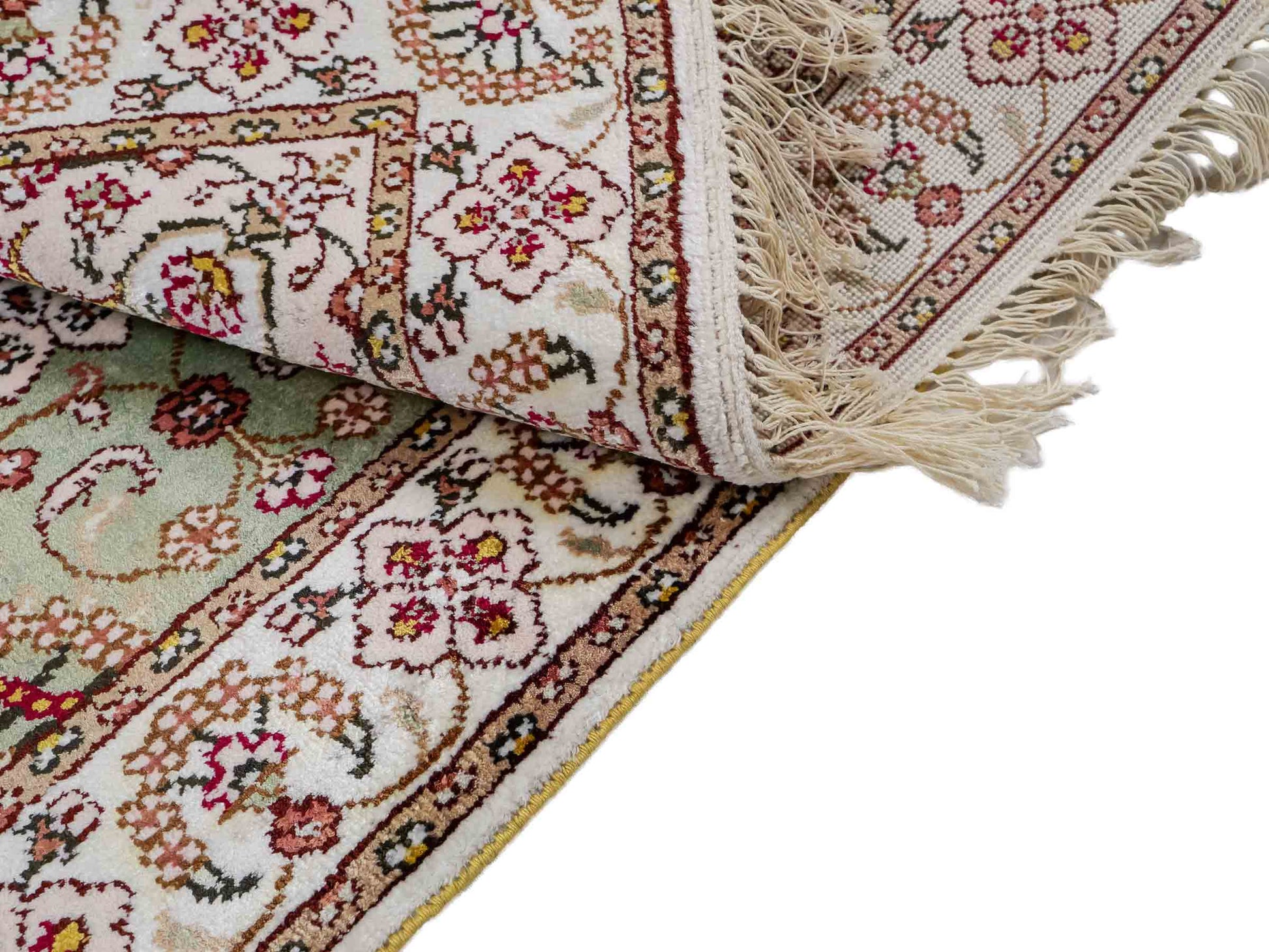 Feiner, handgeknüpfter, chinesischer Orientteppich mit Ghom Design aus Kunstseide, grün, weiß, creme. 92x63 cm. Verkauf durch Jupiter Intl.
