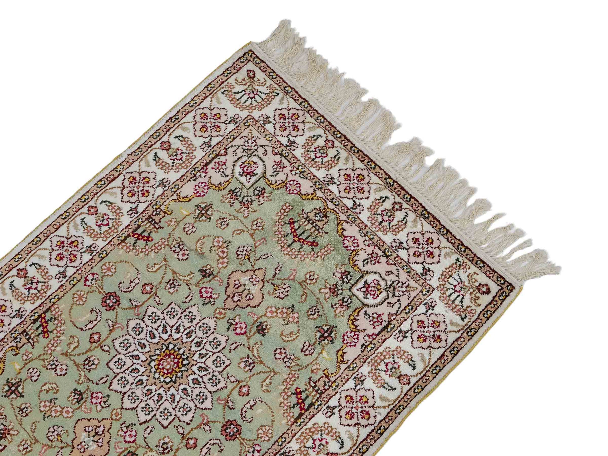 Feiner, handgeknüpfter, chinesischer Orientteppich mit Ghom Design aus Kunstseide, grün, weiß, creme. 92x63 cm. Verkauf durch Jupiter Intl.