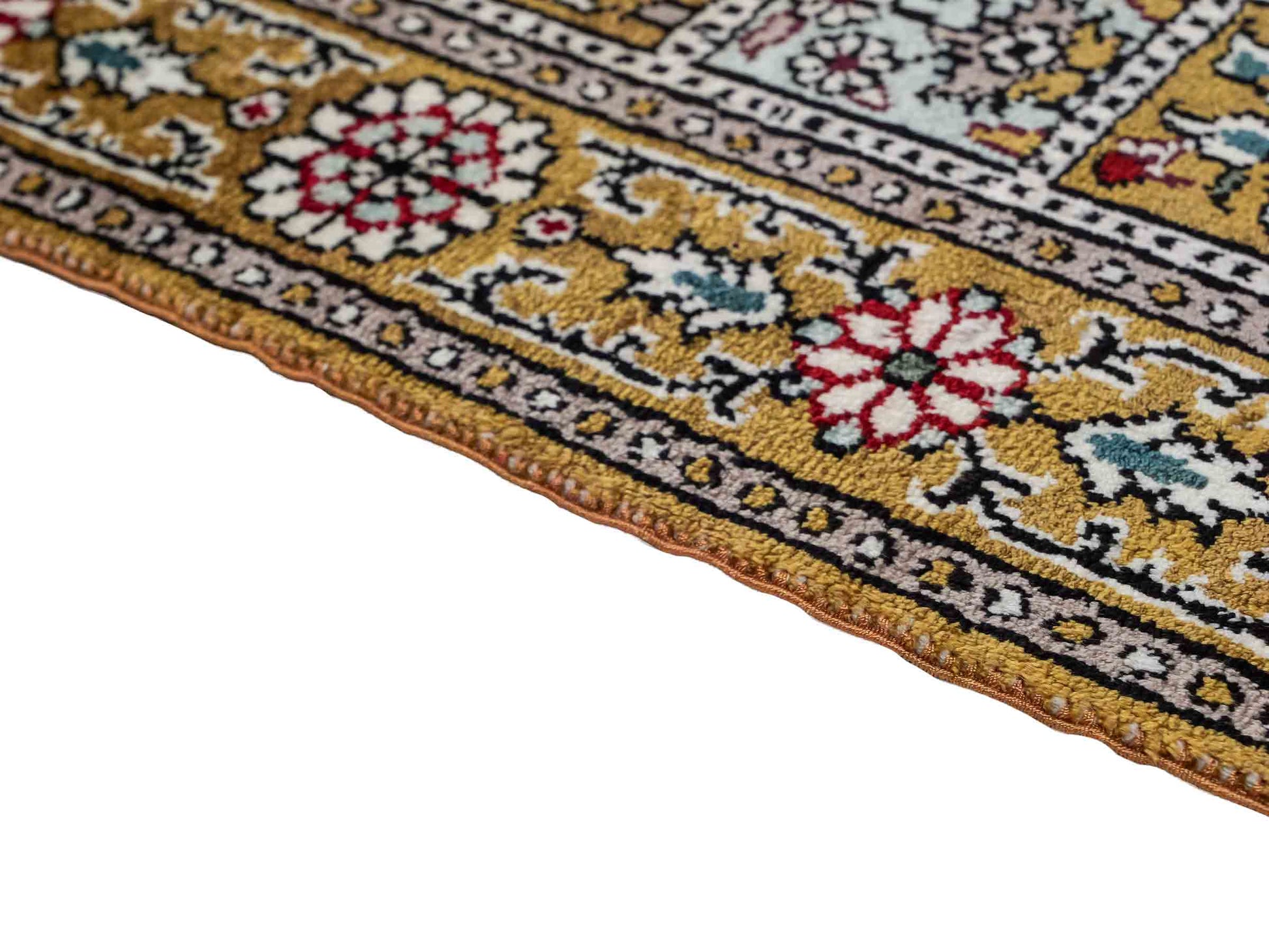 Feiner, handgeknüpfter, chinesischer Orientteppich mit Ghom Design aus Kunstseide, braun, oliv. 92x63 cm. Verkauf durch Jupiter Intl.