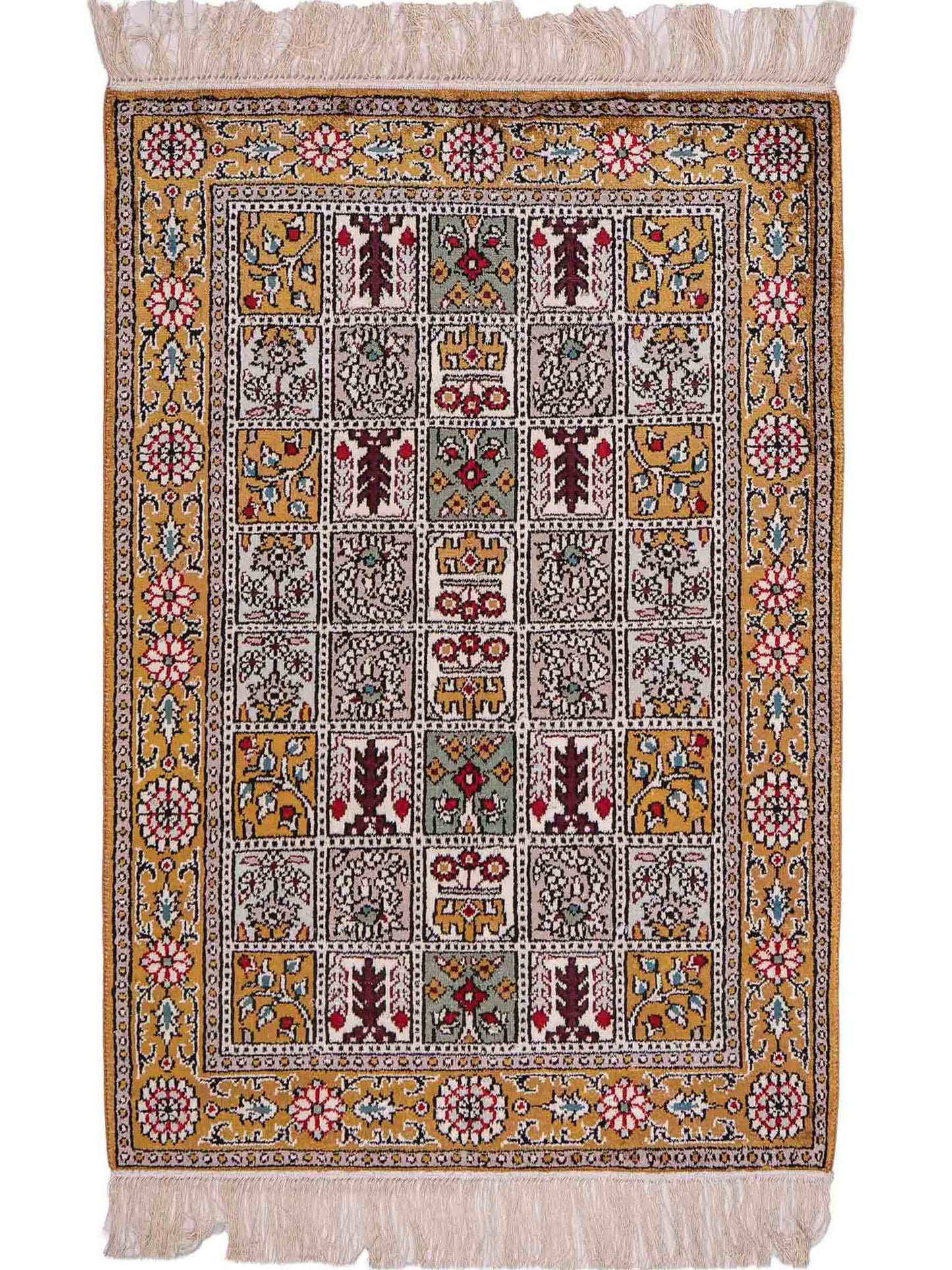 Feiner, handgeknüpfter, chinesischer Orientteppich mit Ghom Design aus Kunstseide, braun, oliv. 93x63 cm. Verkauf durch Jupiter Intl.