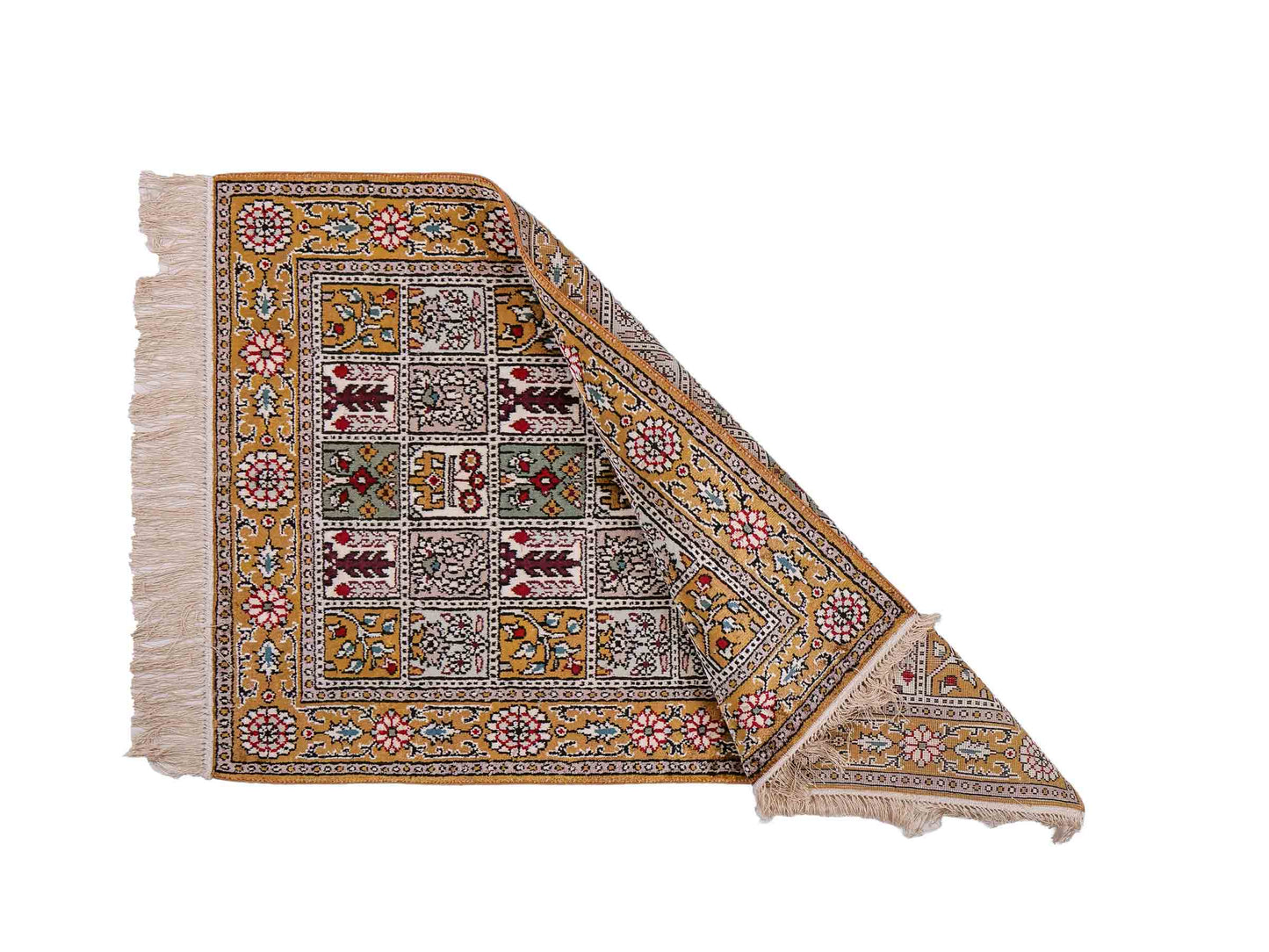 Feiner, handgeknüpfter, chinesischer Orientteppich mit Ghom Design aus Kunstseide, braun, oliv. 93x63 cm. Verkauf durch Jupiter Intl.