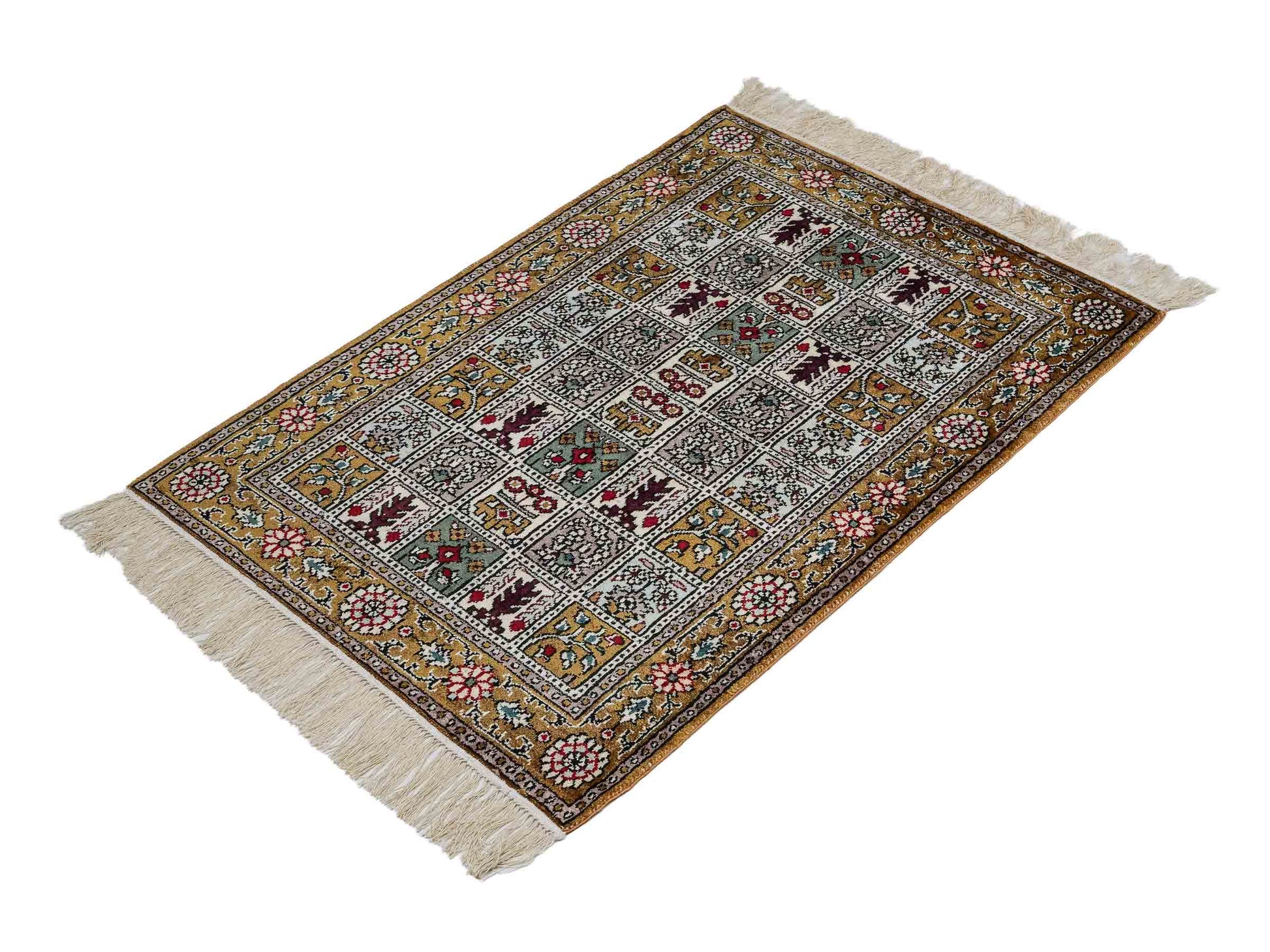 Feiner, handgeknüpfter, chinesischer Orientteppich mit Ghom Design aus Kunstseide, braun, oliv. 93x63 cm. Verkauf durch Jupiter Intl.