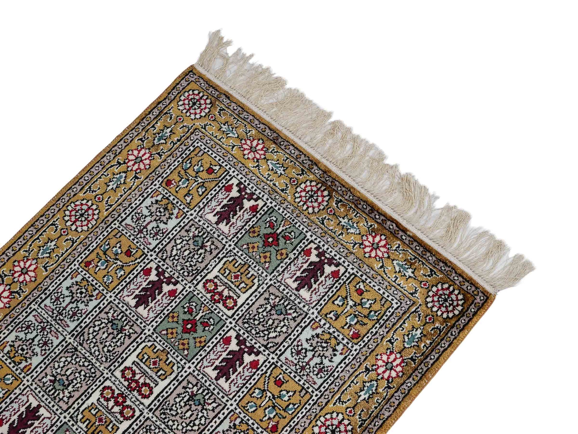 Feiner, handgeknüpfter, chinesischer Orientteppich mit Ghom Design aus Kunstseide, braun, oliv. 93x63 cm. Verkauf durch Jupiter Intl.