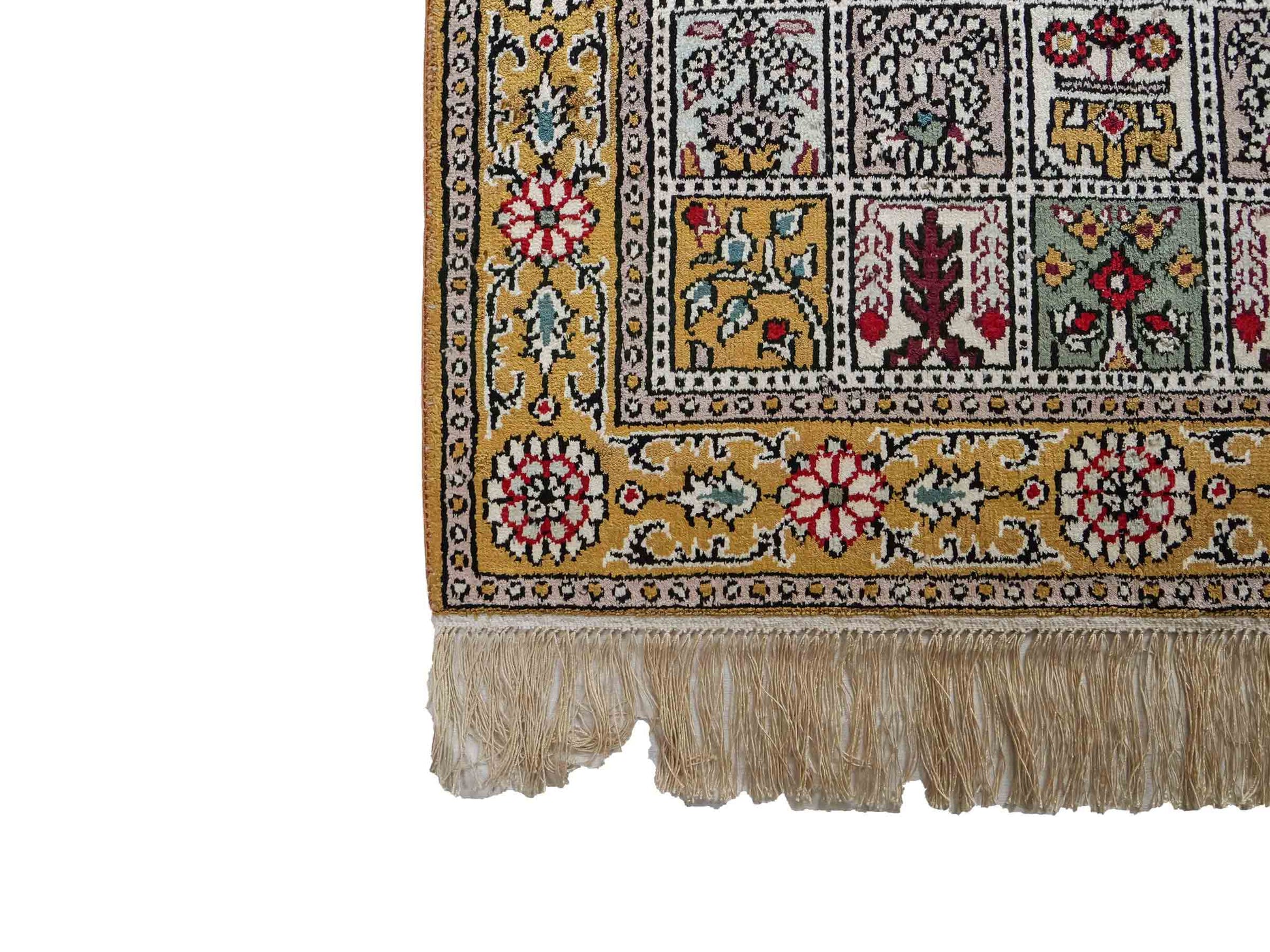 Feiner, handgeknüpfter, chinesischer Orientteppich mit Ghom Design aus Kunstseide, braun, oliv. 93x63 cm. Verkauf durch Jupiter Intl.