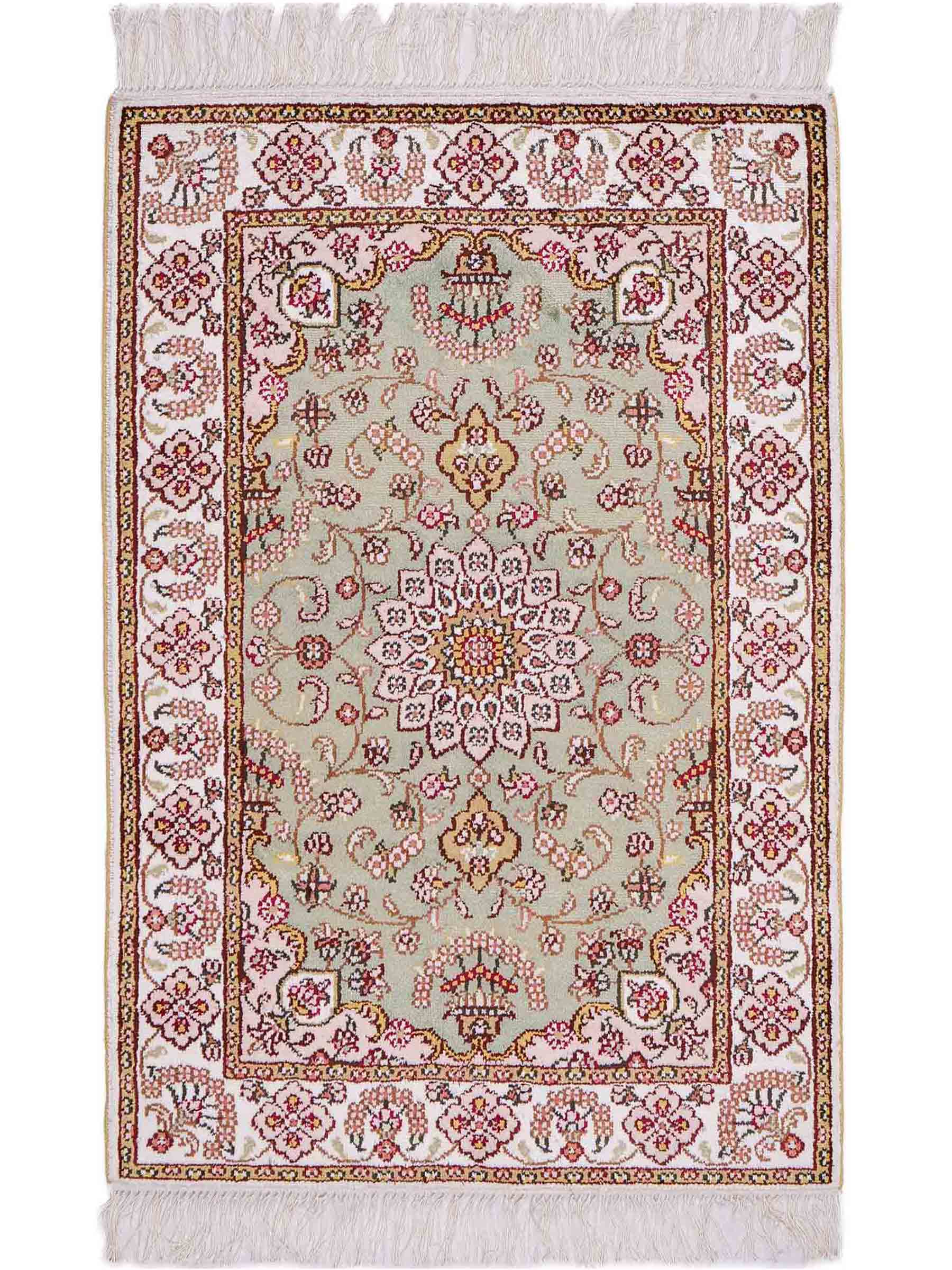 Feiner, handgeknüpfter, chinesischer Orientteppich mit Ghom Design aus Kunstseide, grün, weiß, creme. 93x63 cm. Verkauf durch Jupiter Intl.