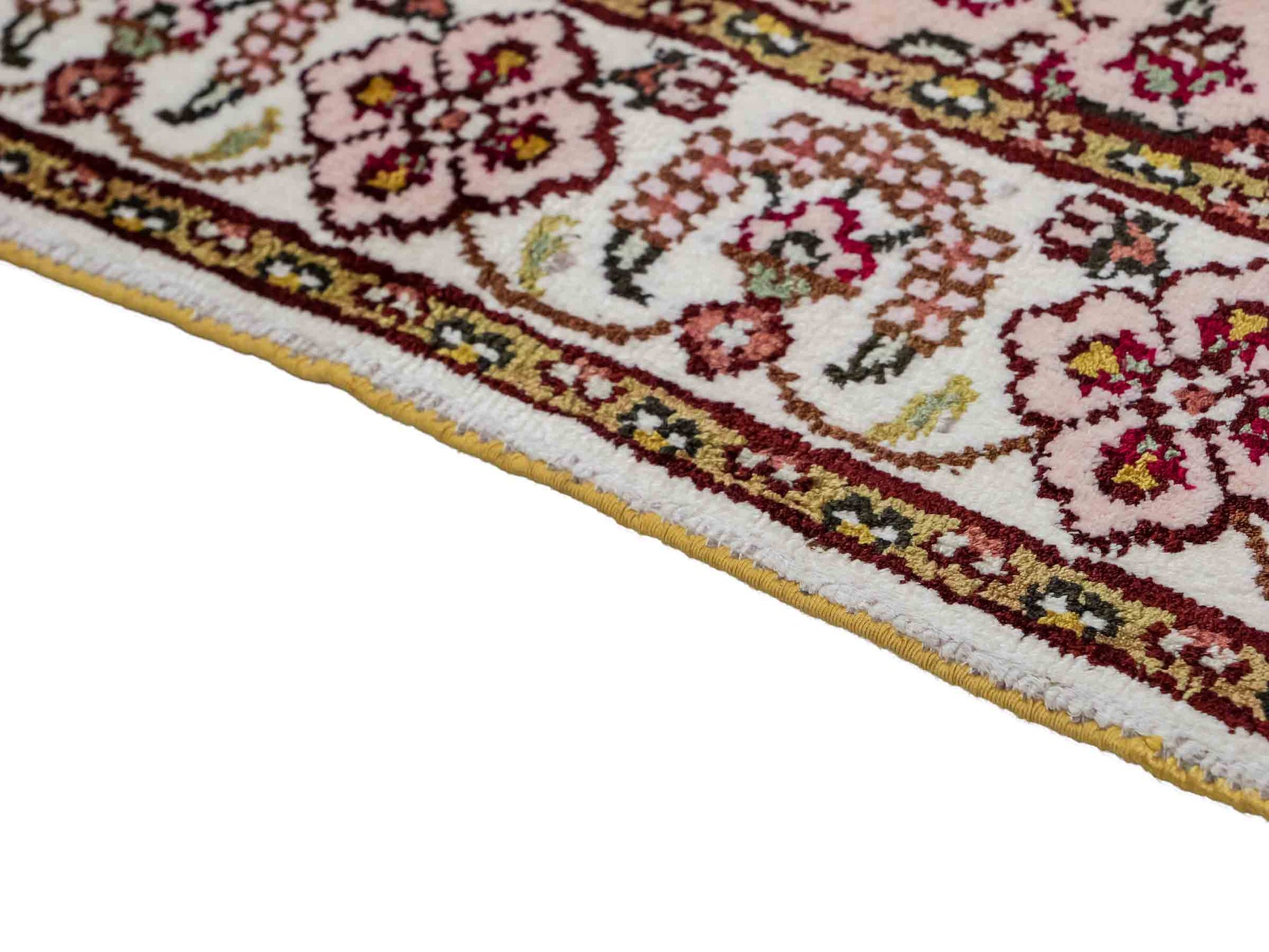 Feiner, handgeknüpfter, chinesischer Orientteppich mit Ghom Design aus Kunstseide, grün, weiß, creme. 93x63 cm. Verkauf durch Jupiter Intl.