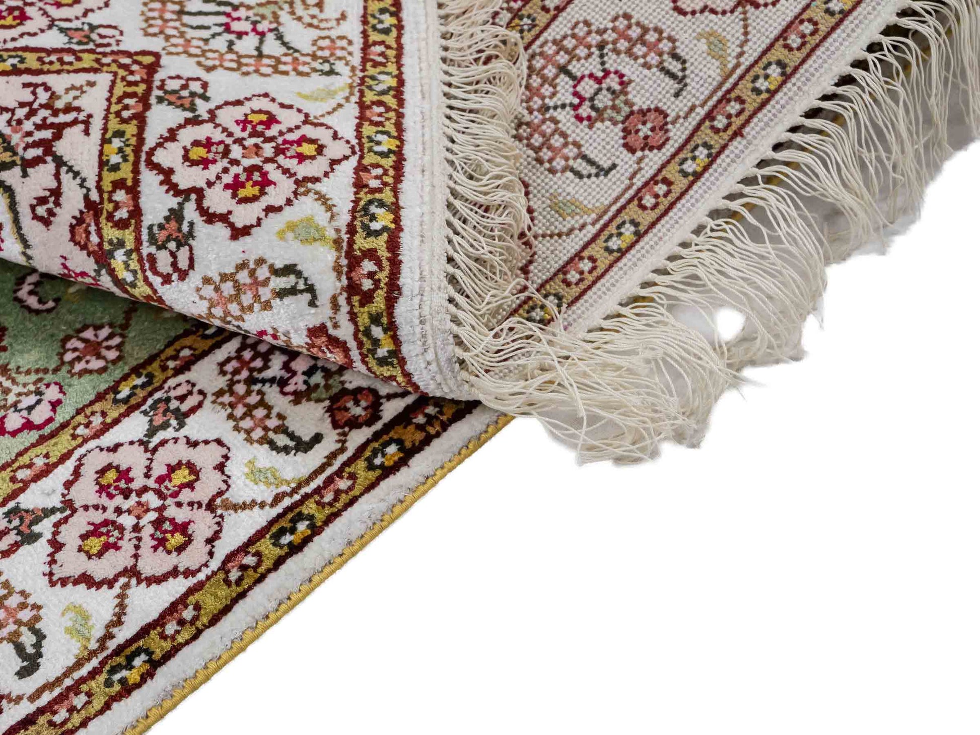 Feiner, handgeknüpfter, chinesischer Orientteppich mit Ghom Design aus Kunstseide, grün, weiß, creme. 93x63 cm. Verkauf durch Jupiter Intl.