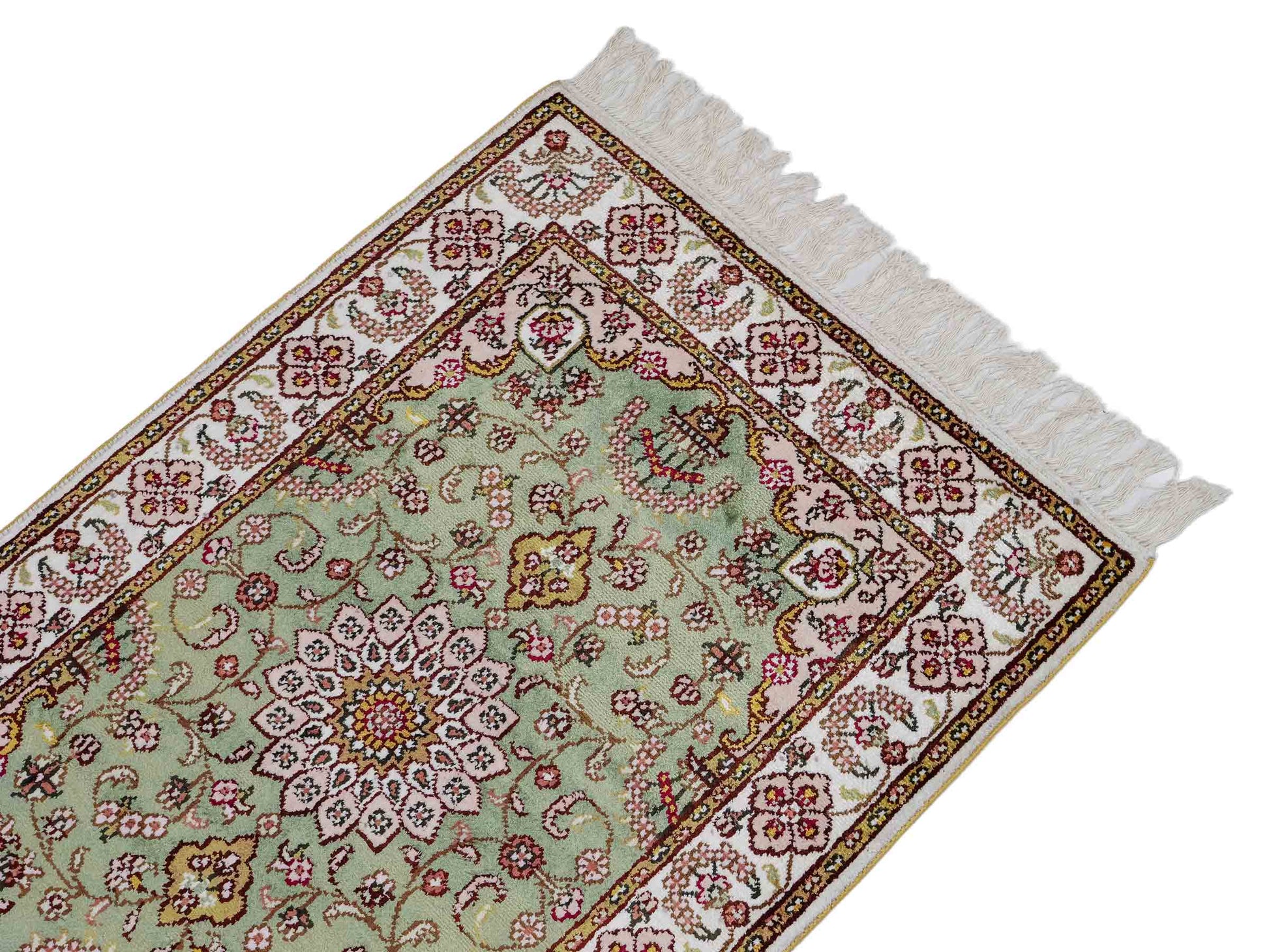 Feiner, handgeknüpfter, chinesischer Orientteppich mit Ghom Design aus Kunstseide, grün, weiß, creme. 93x63 cm. Verkauf durch Jupiter Intl.