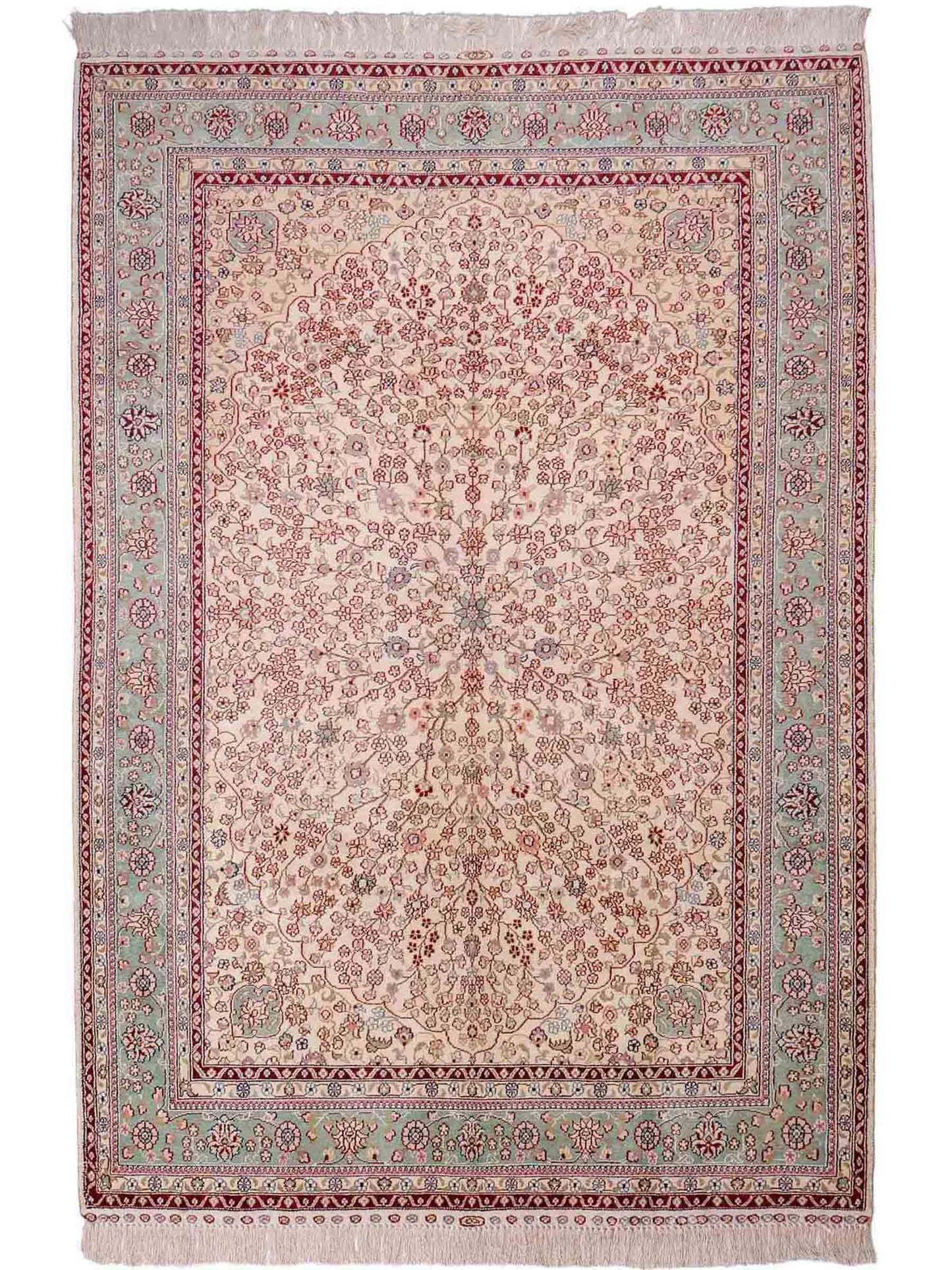 Sehr feiner, handgeknüpfter, chinesischer Hereke Orientteppich aus gesponnener Seide von Khademi, creme, weiß, blau. 190x123 cm. Verkauf durch Jupiter Intl.