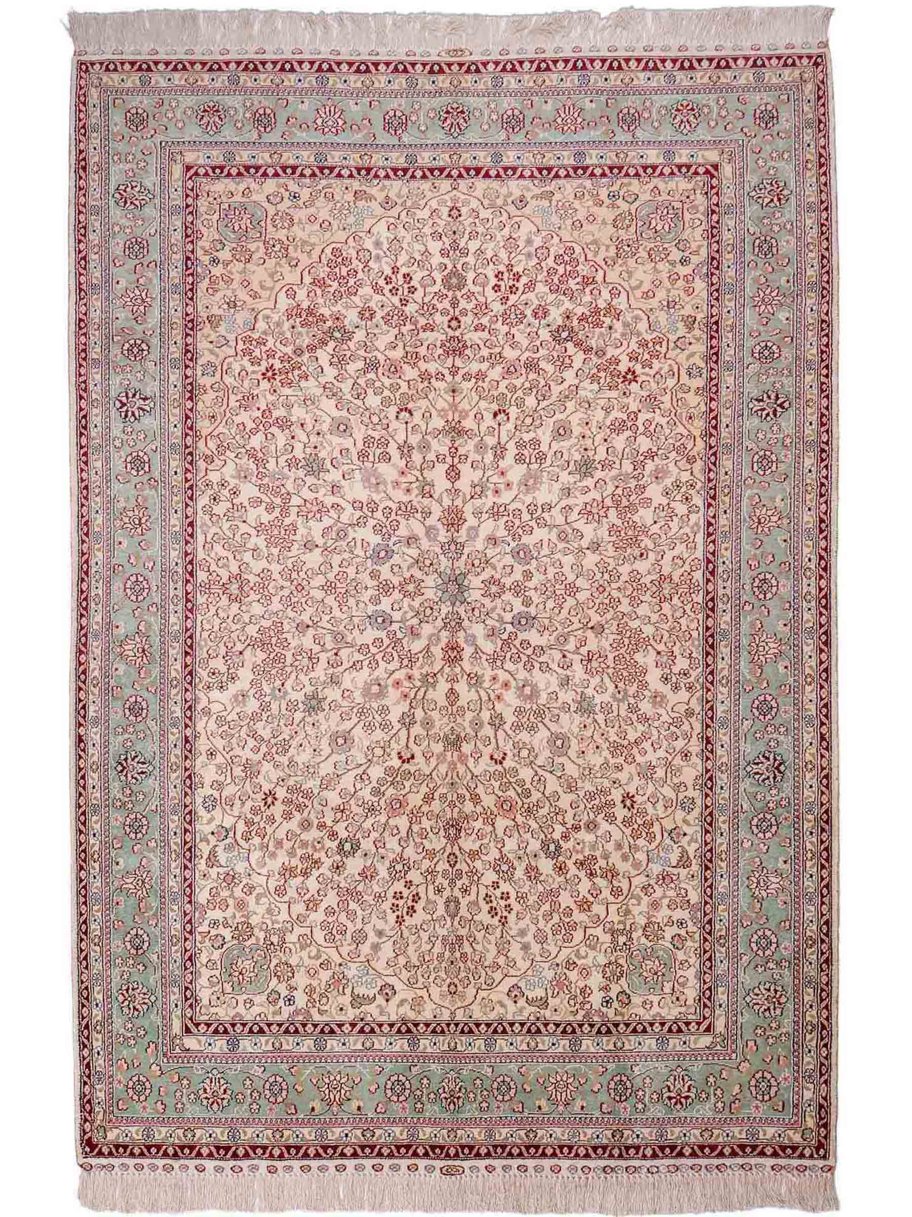 Sehr feiner, handgeknüpfter, chinesischer Hereke Orientteppich aus gesponnener Seide von Khademi, creme, weiß, blau. 190x123 cm. Verkauf durch Jupiter Intl.