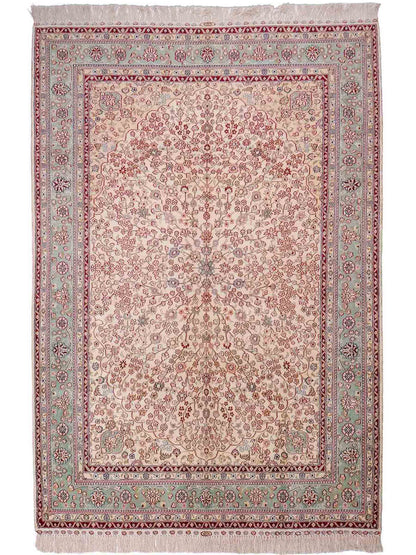 Sehr feiner, handgeknüpfter, chinesischer Hereke Orientteppich aus gesponnener Seide von Khademi, creme, weiß, blau. 190x123 cm. Verkauf durch Jupiter Intl.