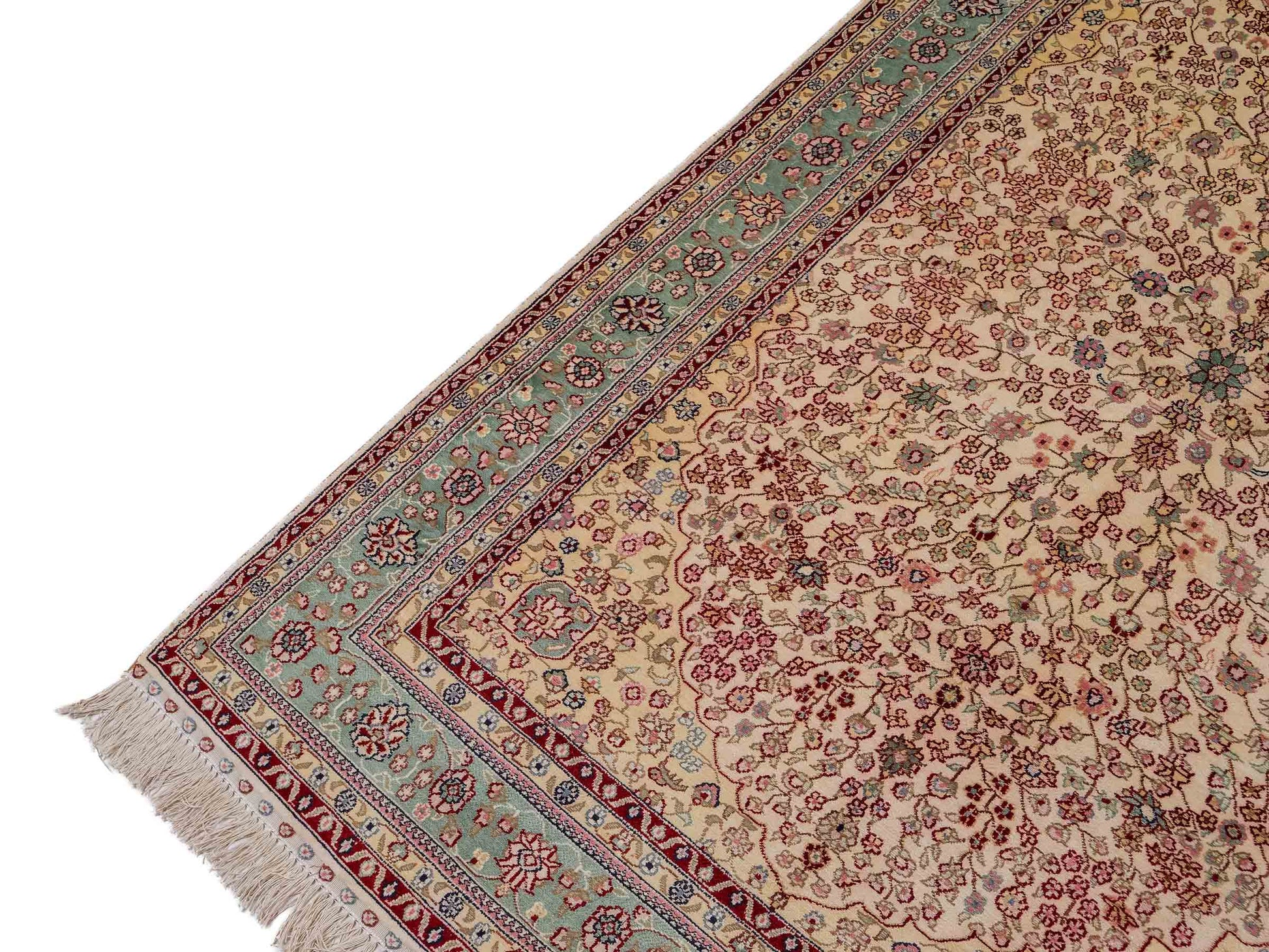 Sehr feiner, handgeknüpfter, chinesischer Hereke Orientteppich aus gesponnener Seide von Khademi, creme, weiß, blau. 190x123 cm. Verkauf durch Jupiter Intl.