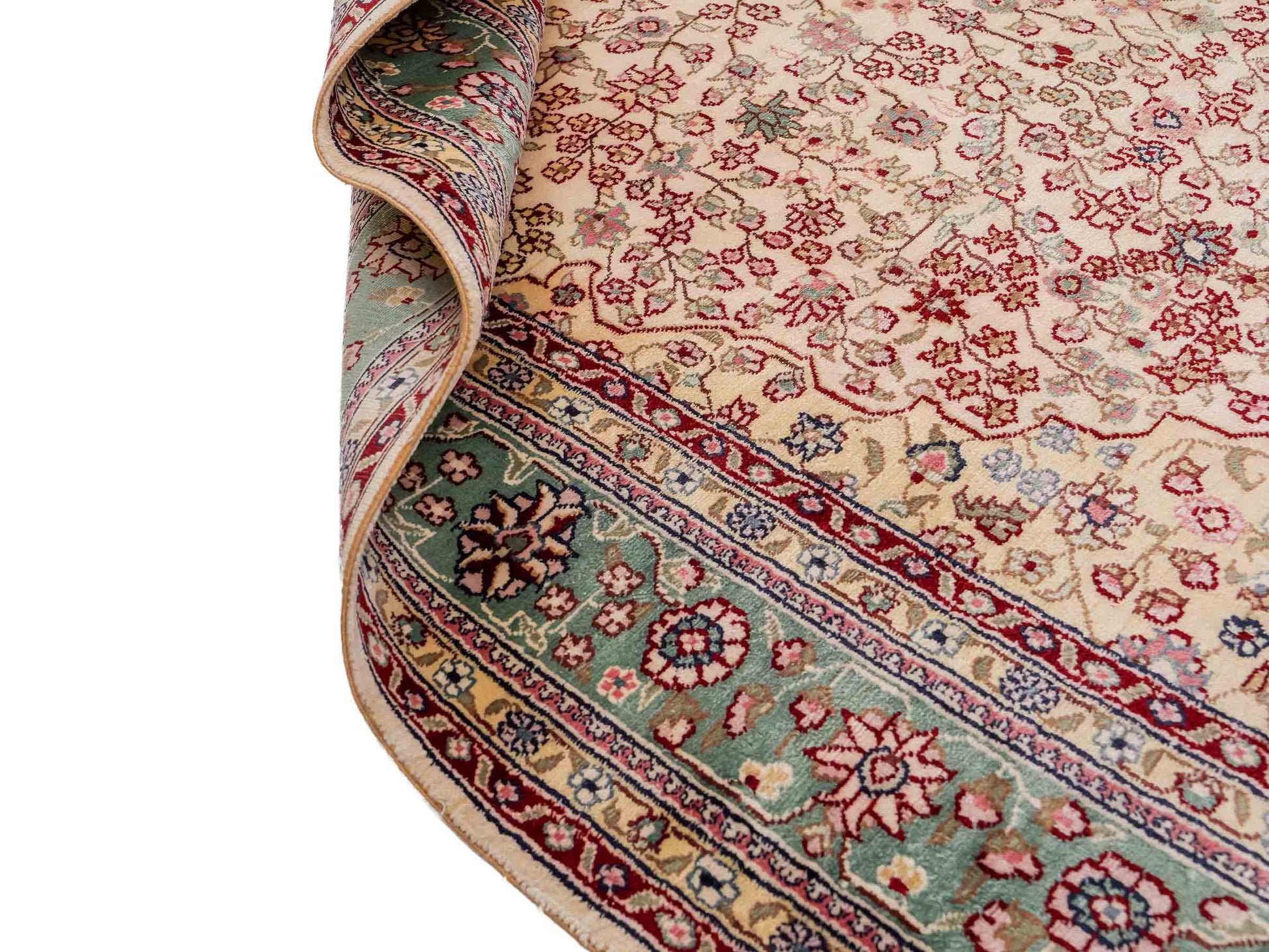 Sehr feiner, handgeknüpfter, chinesischer Hereke Orientteppich aus gesponnener Seide von Khademi, creme, weiß, blau. 190x123 cm. Verkauf durch Jupiter Intl.