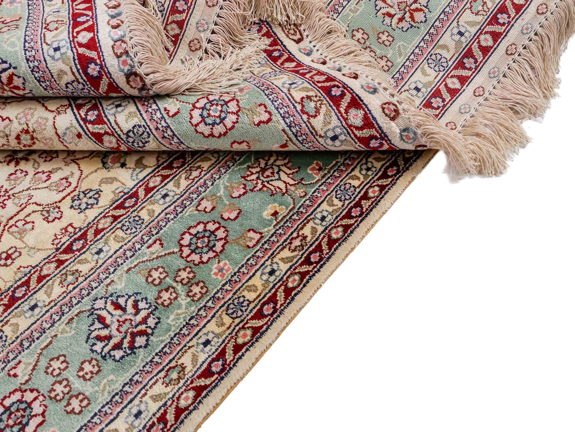 Sehr feiner, handgeknüpfter, chinesischer Hereke Orientteppich aus gesponnener Seide von Khademi, creme, weiß, blau. 190x123 cm. Verkauf durch Jupiter Intl.