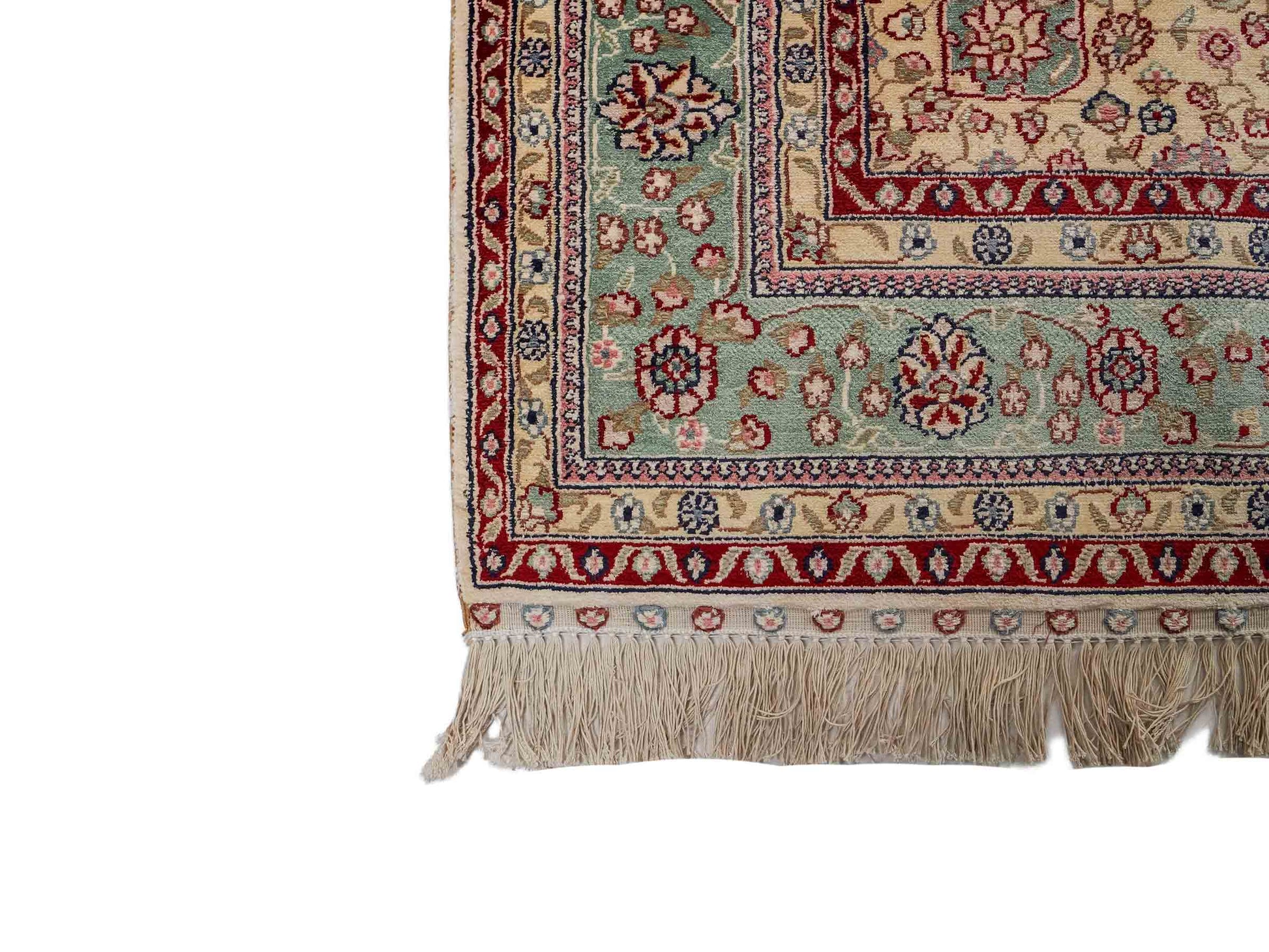 Sehr feiner, handgeknüpfter, chinesischer Hereke Orientteppich aus gesponnener Seide von Khademi, creme, weiß, blau. 190x123 cm. Verkauf durch Jupiter Intl.